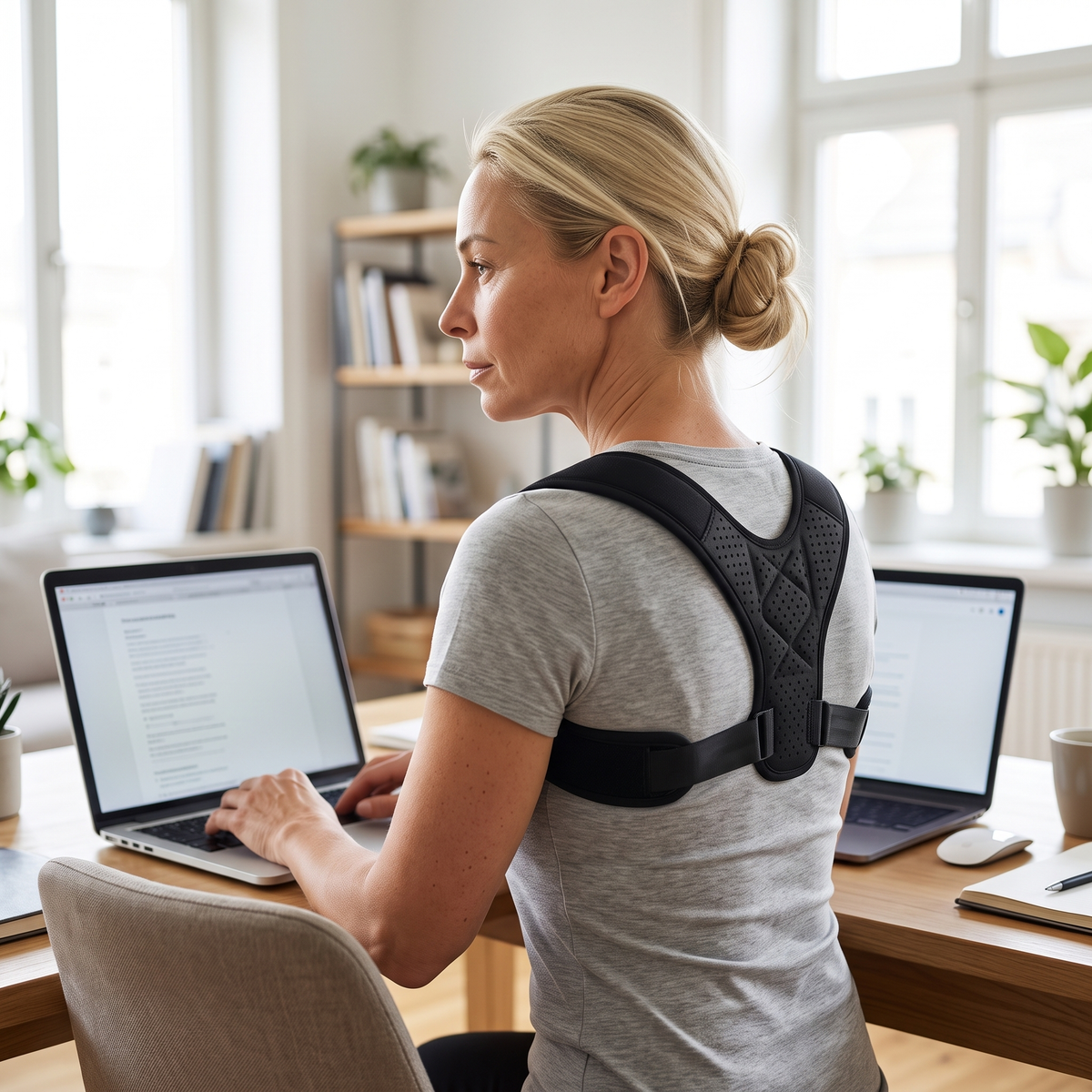 Femme portant le correcteur de posture léger à son bureau devant son ordinateur