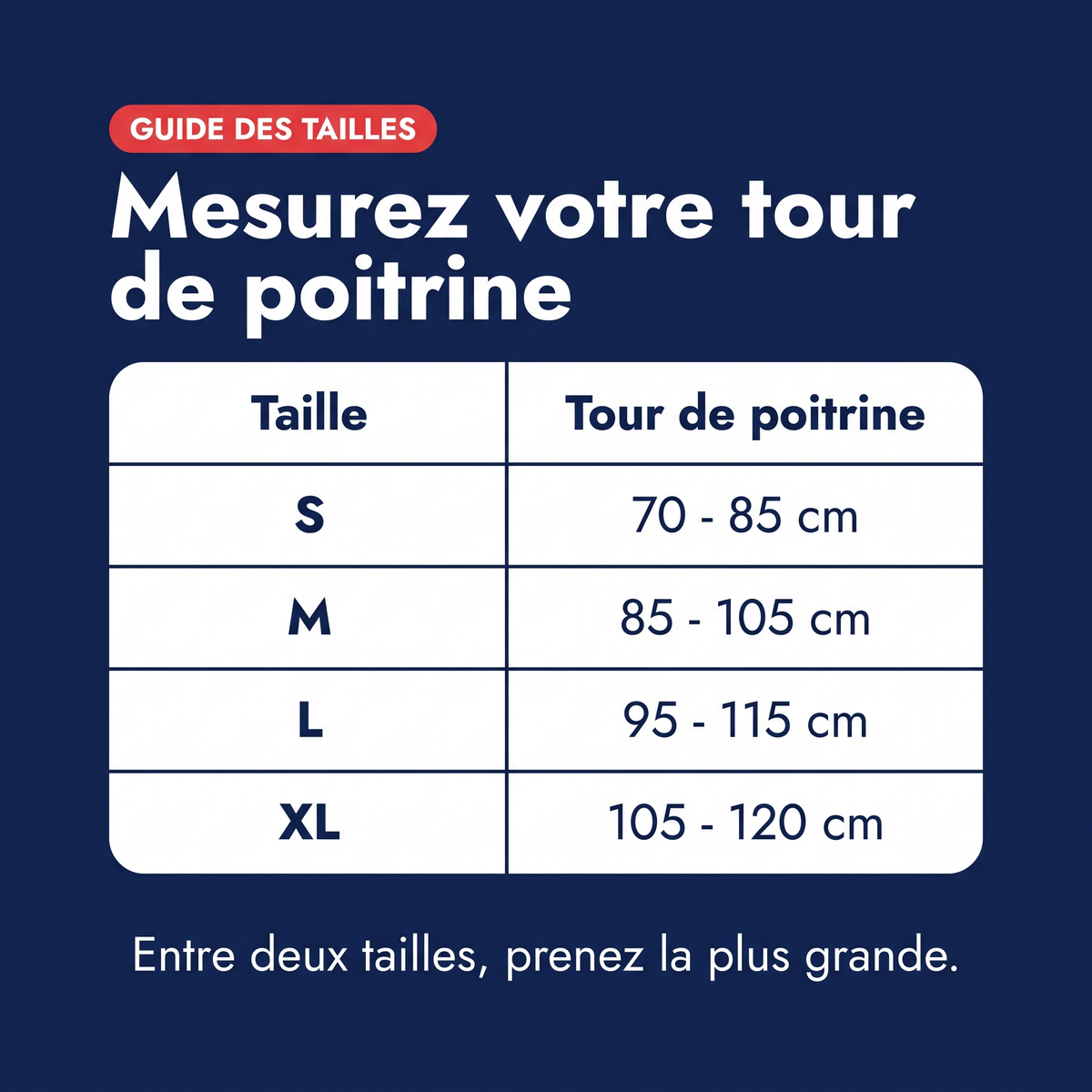 Guide des tailles du correcteur de posture léger : S 70-85 cm, M 85-105 cm, L 95-115 cm, XL 105-120 cm de tour de poitrine