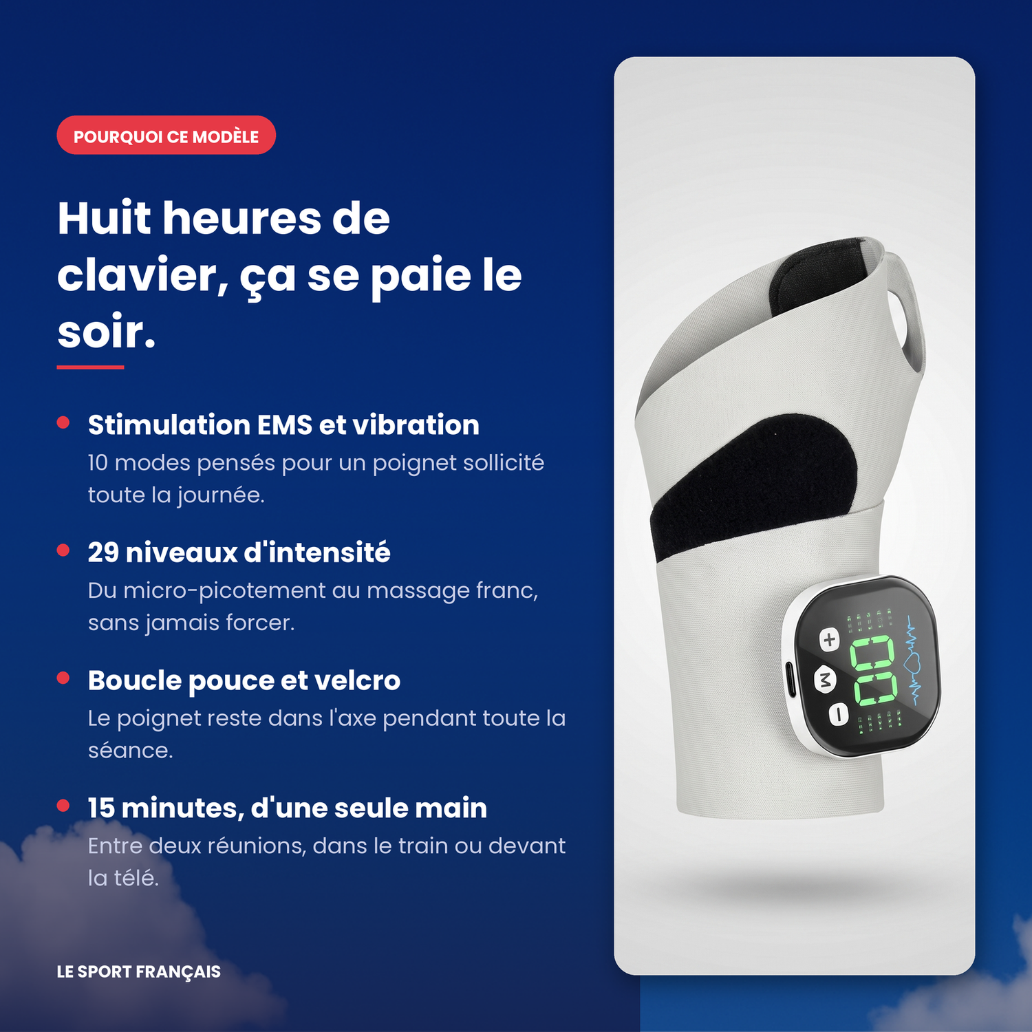 Bénéfices du masseur de poignet EMS : 10 modes, 29 niveaux d'intensité, séance de 15 minutes