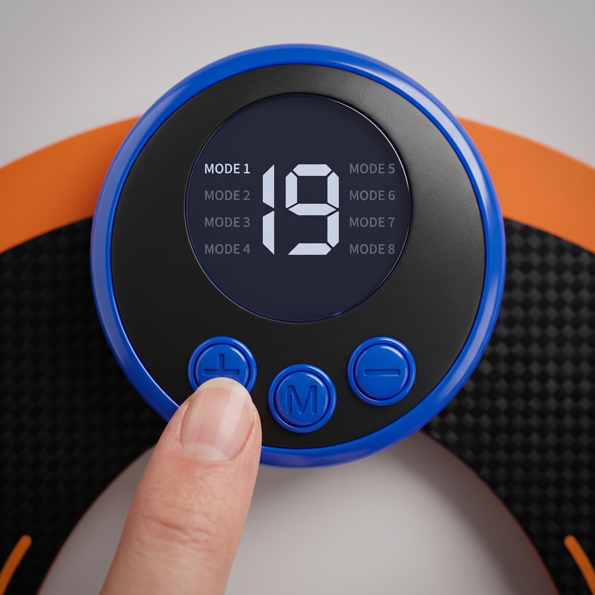 Contrôleur de l'électrostimulateur EMS : écran LED affichant le niveau 19 et touches +, M et −