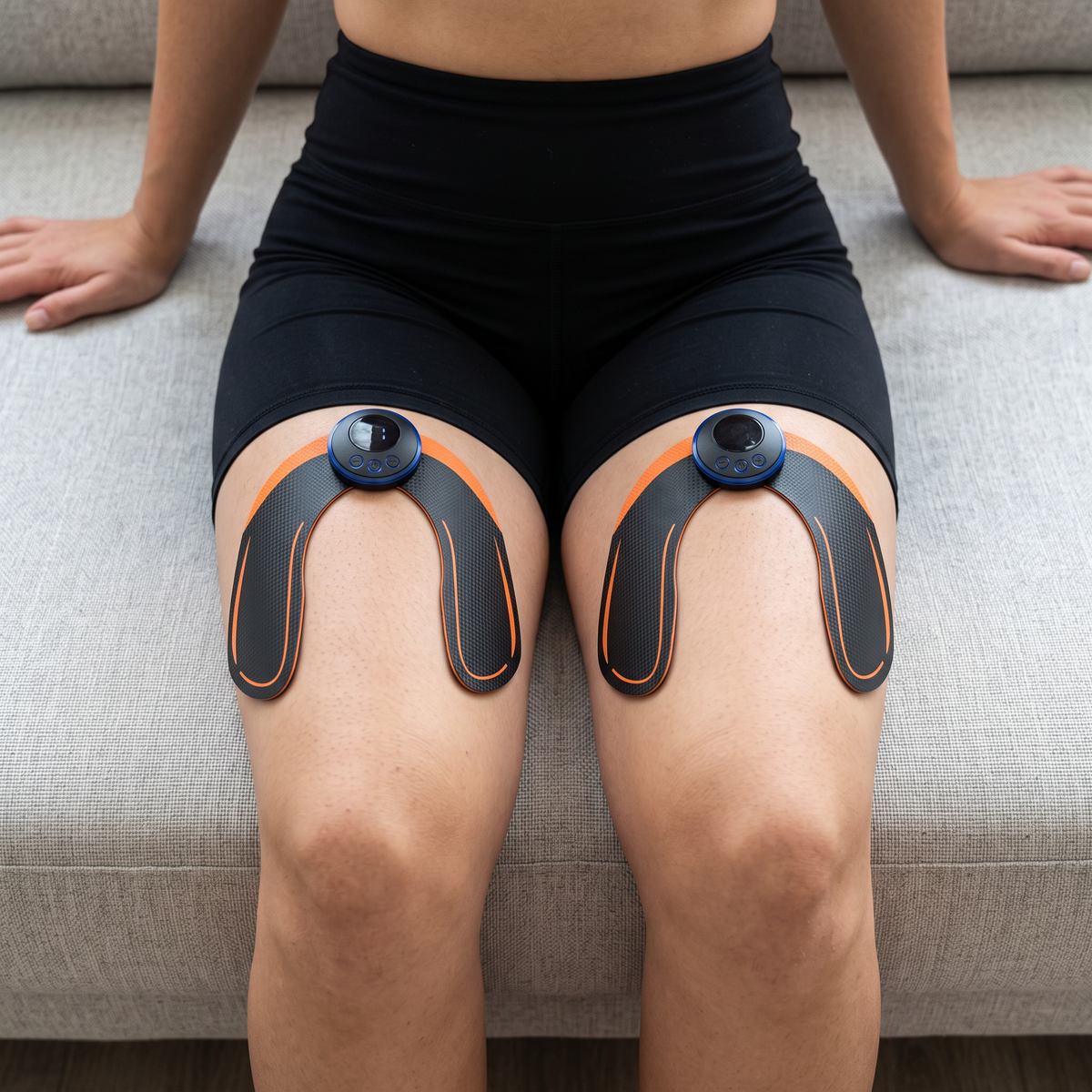 Gros plan : un électrostimulateur EMS posé sur chaque cuisse, séance assise
