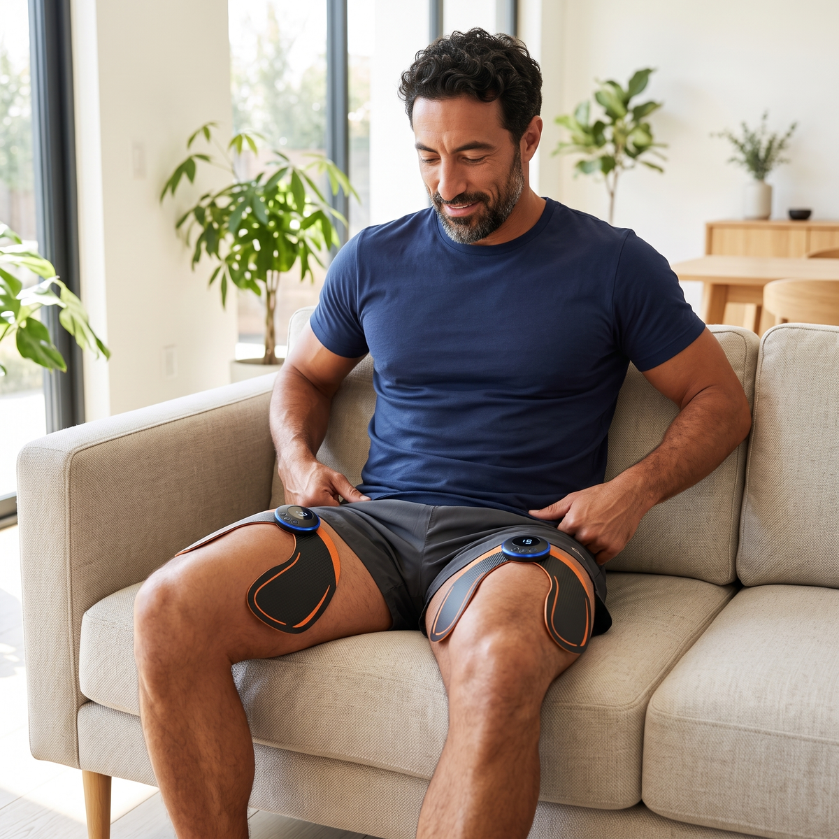 Homme assis sur son canapé avec un électrostimulateur EMS sur chaque cuisse après le sport