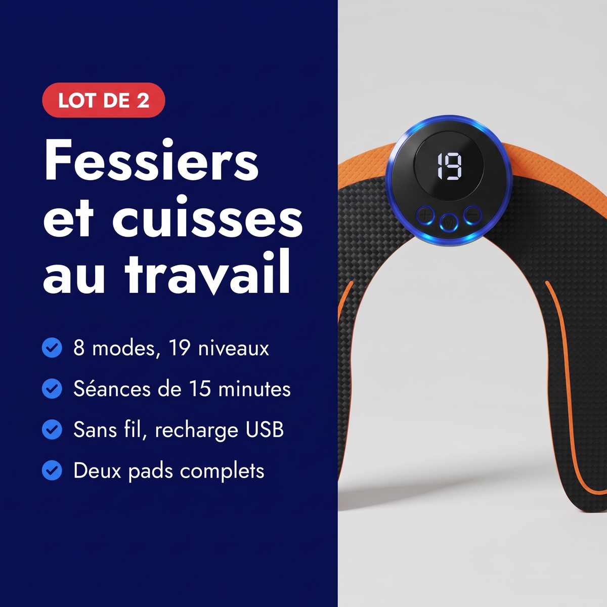 Bénéfices du lot de 2 électrostimulateurs EMS : 8 modes, 19 niveaux, séances de 15 minutes, sans fil, recharge USB