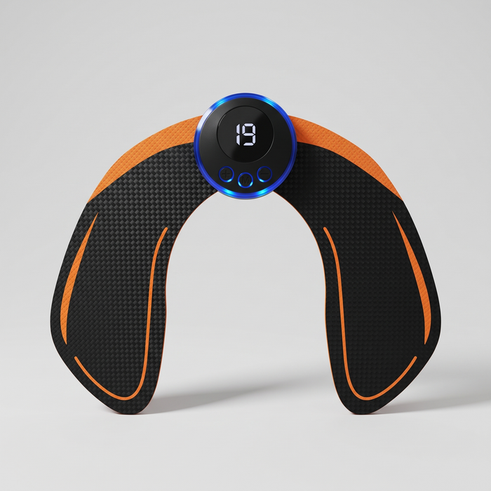 Électrostimulateur EMS fessiers et cuisses Le Sport Français, pad en U noir et orange avec contrôleur à écran LED