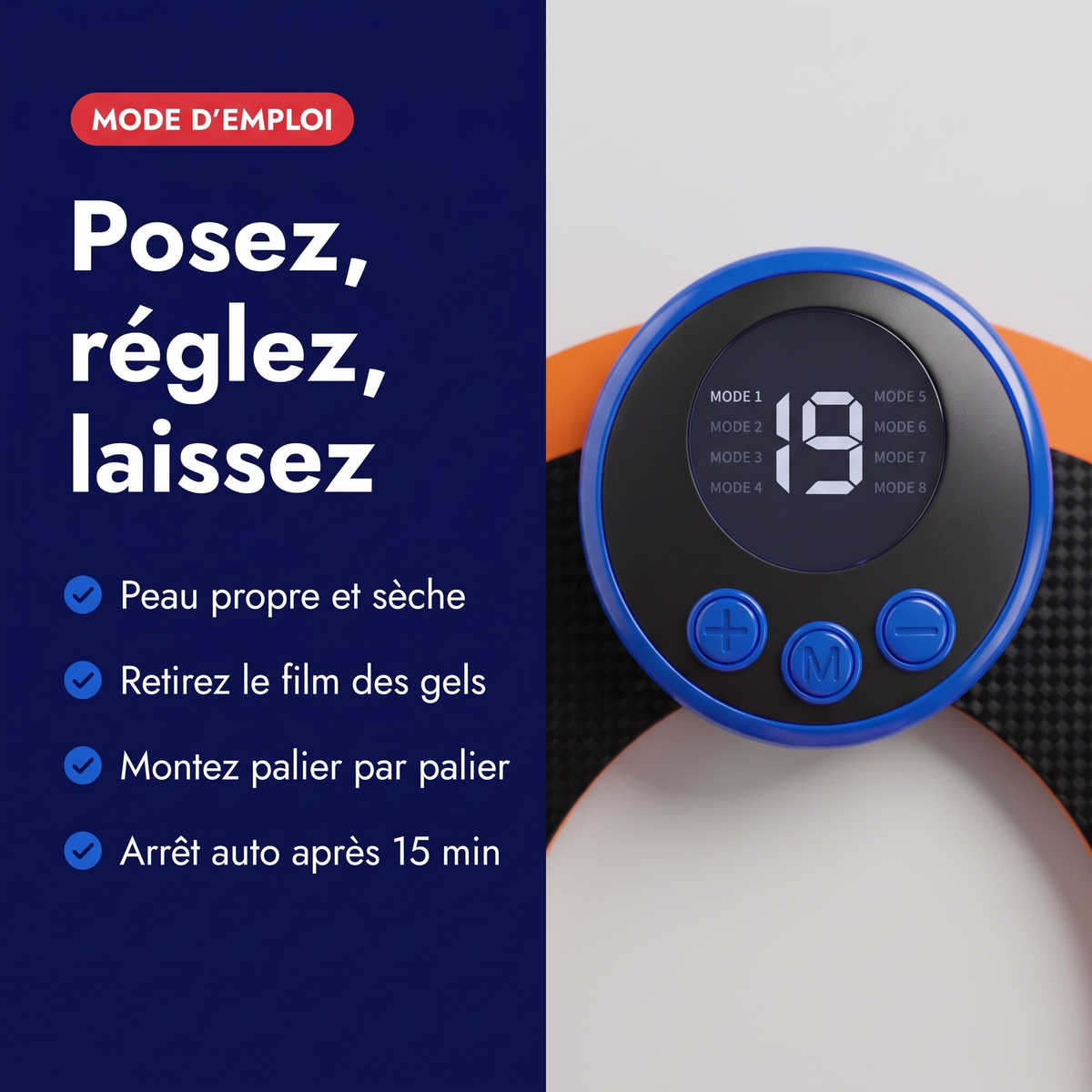Mode d'emploi de l'électrostimulateur EMS : peau propre, retirer le film des gels, monter palier par palier, arrêt auto après 15 min