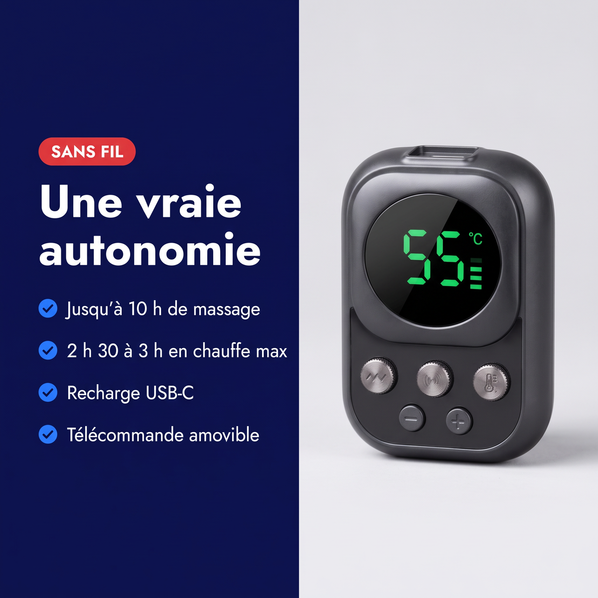 Autonomie de l'épaulière chauffante sans fil : jusqu'à 10 h de massage, 2 h 30 à 3 h en chauffe max, recharge USB-C