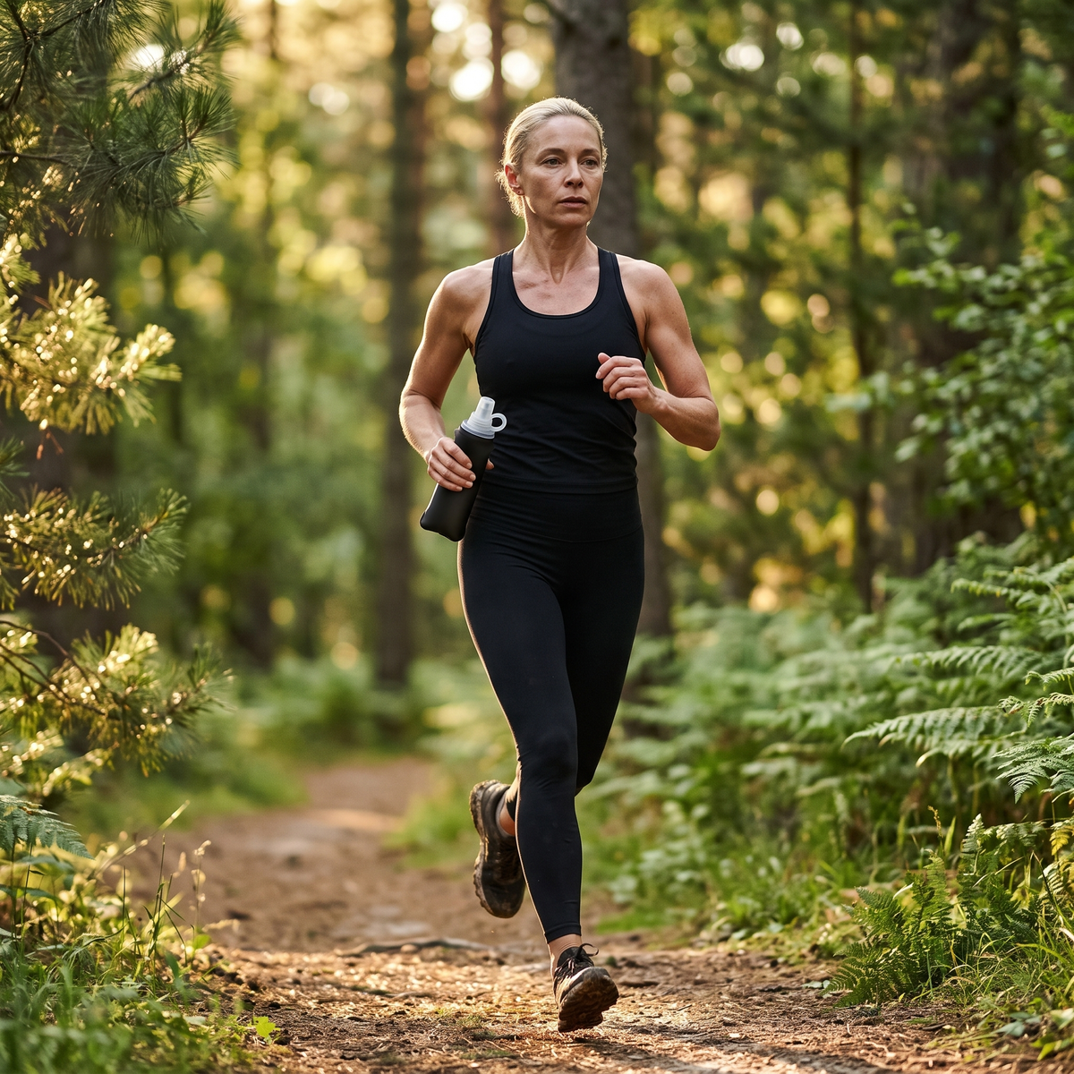 Femme en trail dans la forêt, flasque souple 500 ml noire à la main