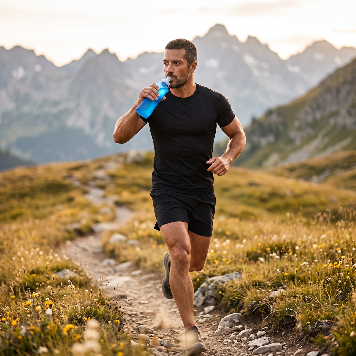 Homme en trail en montagne qui boit à la flasque souple bleue 500 ml sans s'arrêter