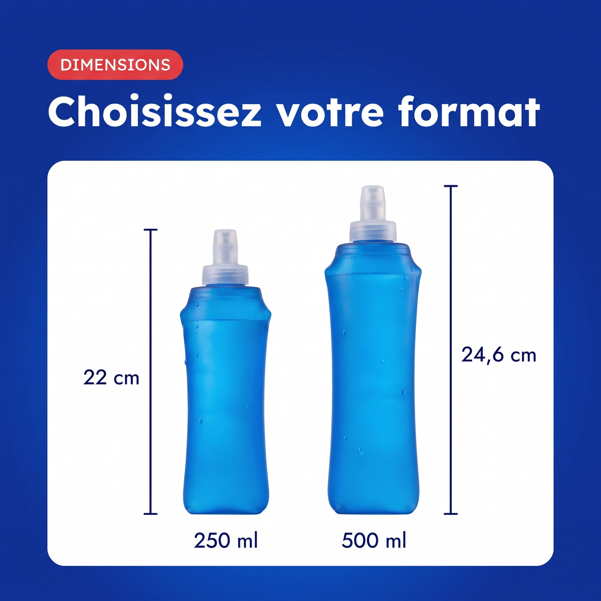 Dimensions des flasques souples bleues : 22 cm pour la 250 ml, 24,6 cm pour la 500 ml