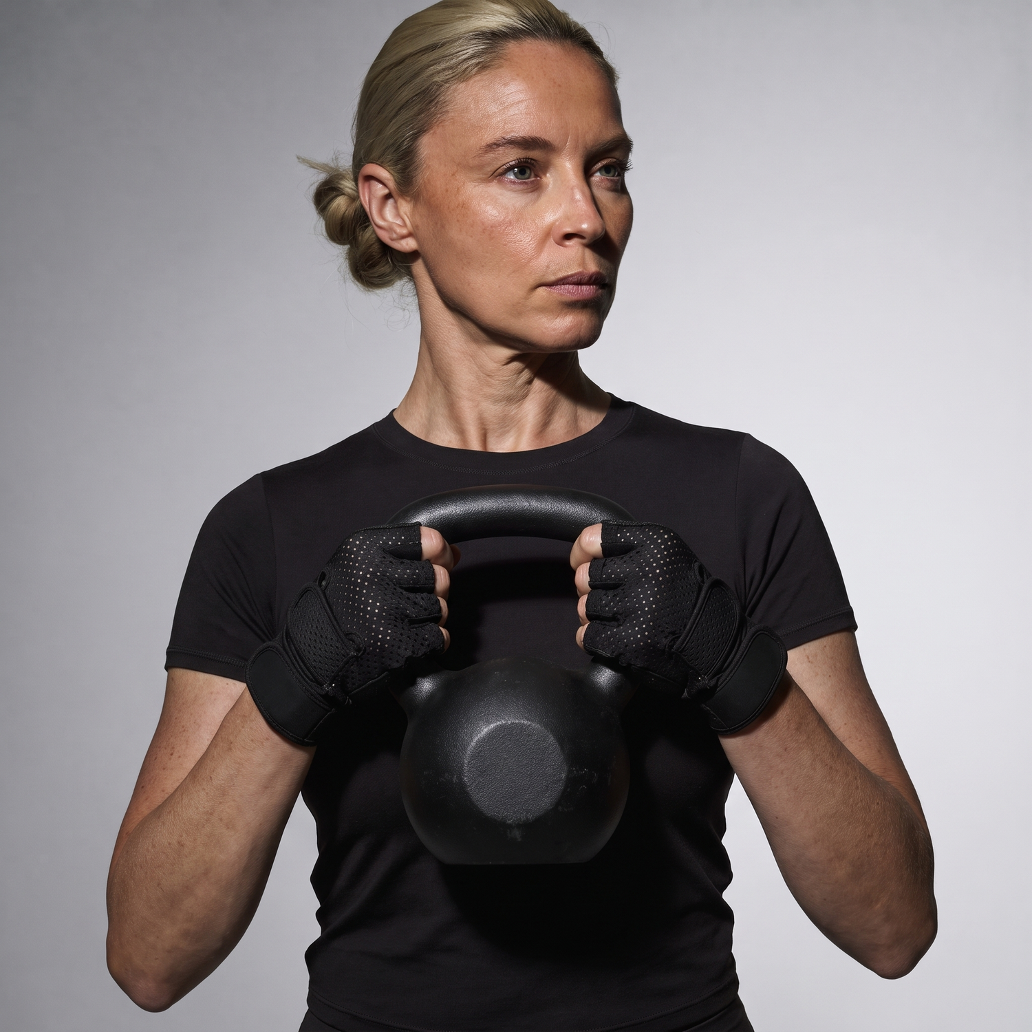 Femme portant les gants de musculation premium avec une kettlebell
