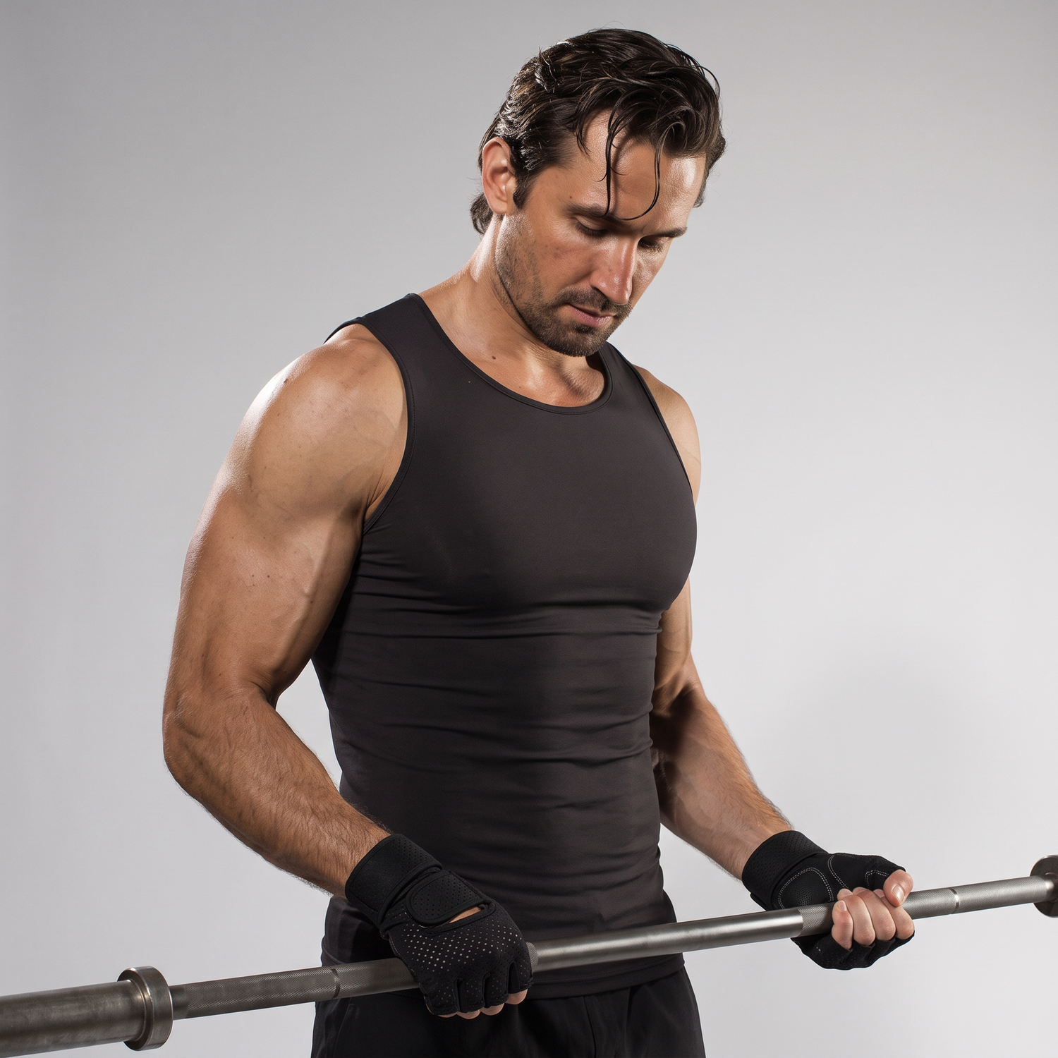 Homme portant les gants de musculation premium sur une barre olympique