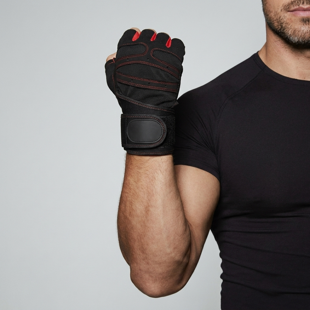 Gant de musculation noir porté poing fermé, vue du dos de la main