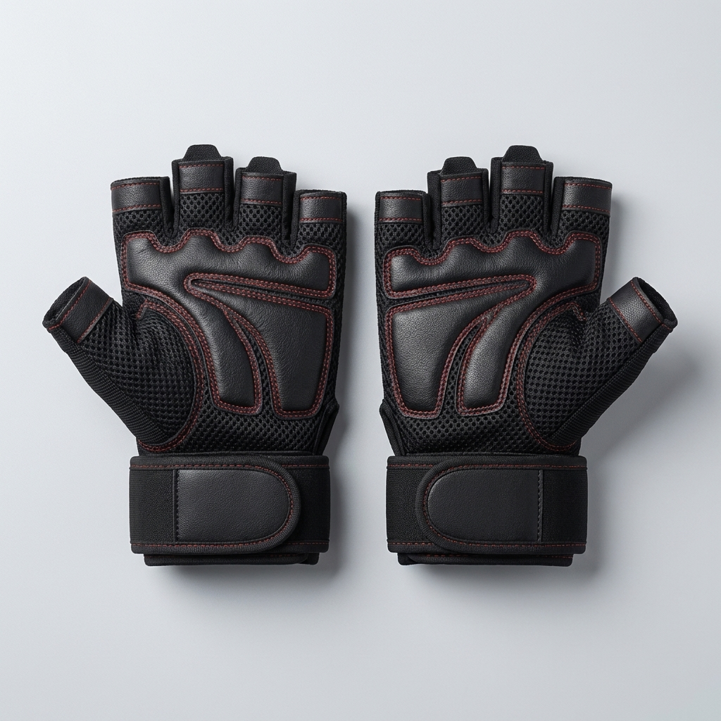 Paire de gants de musculation noirs vue de face à plat, sangles de poignet alignées