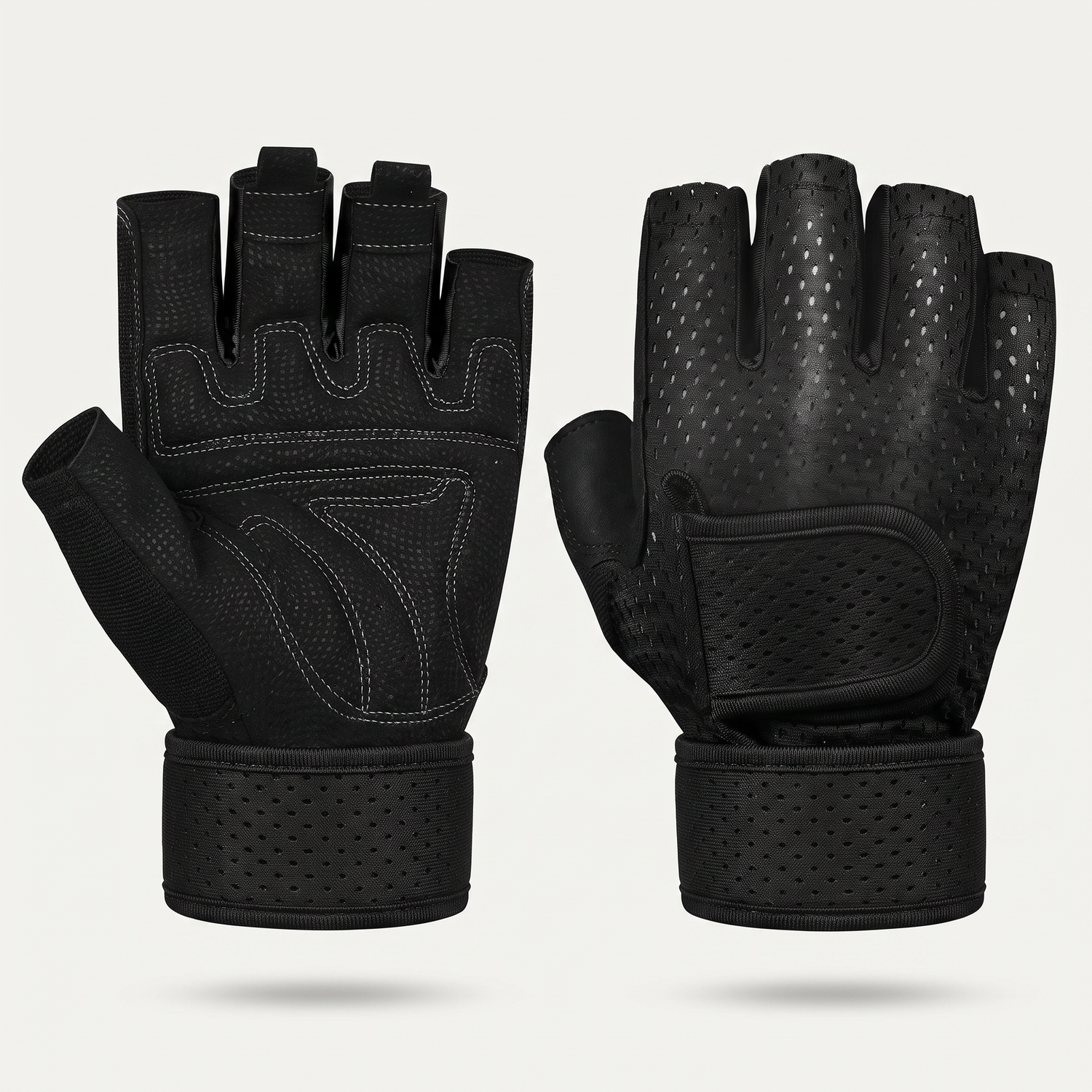 Paire de gants de musculation premium noirs : vue dos maille perforée et vue paume rembourrée