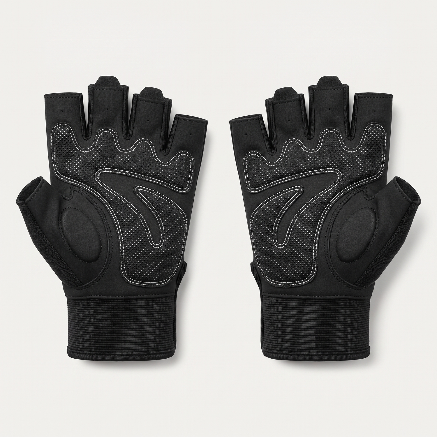 Paume des gants de musculation premium : rembourrage 3 mm, grip antidérapant et surpiqûres blanches