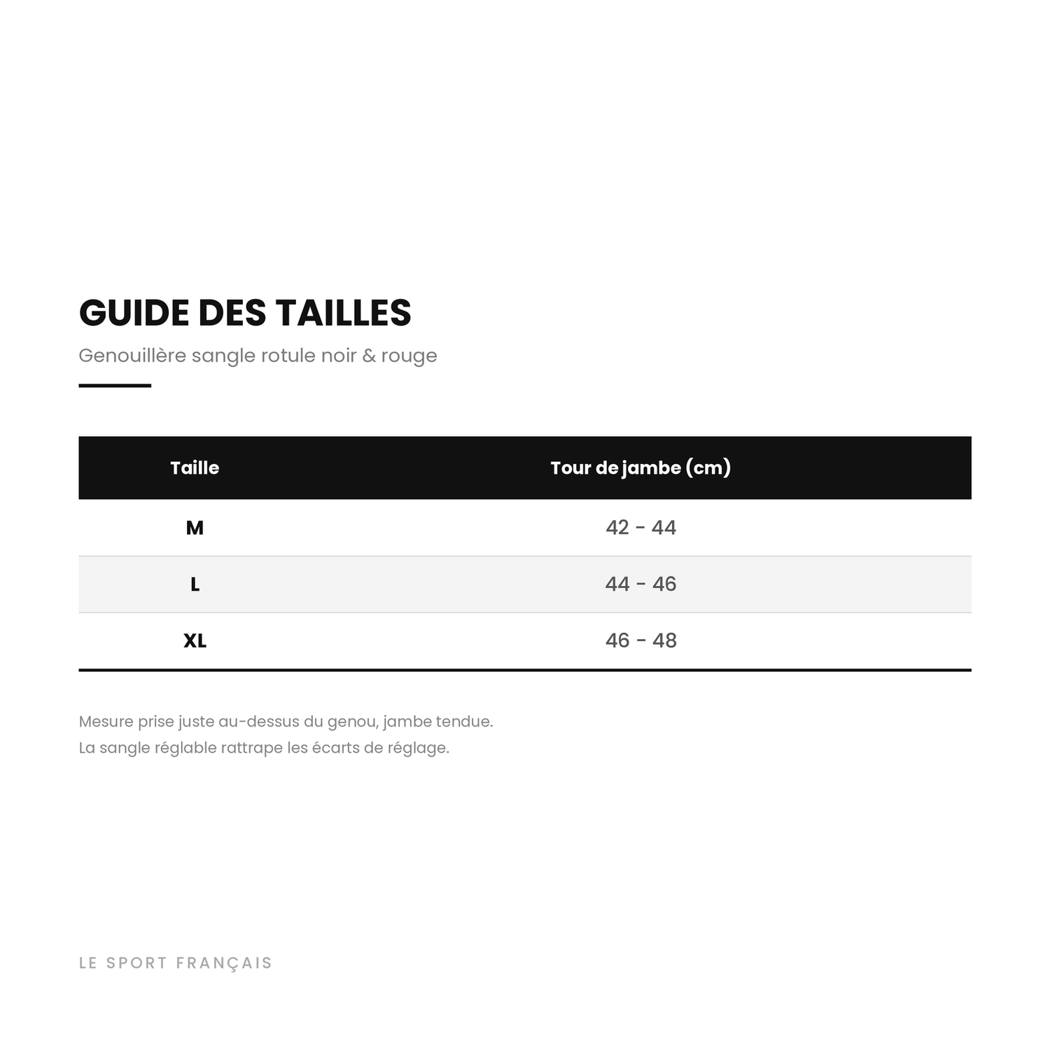 Guide des tailles de la genouillère sangle rotule, du M au XL