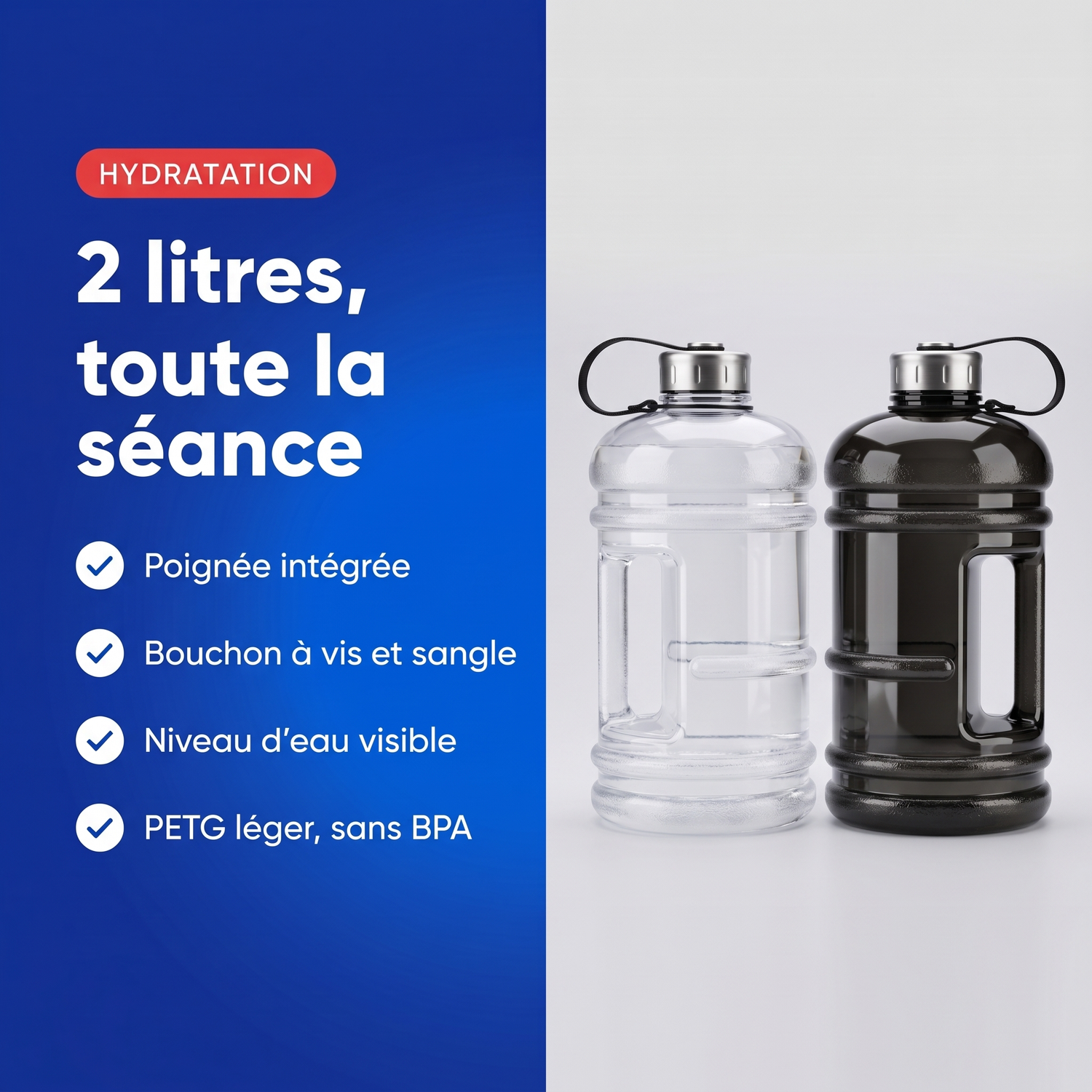 Gourde de sport 2 litres : poignée intégrée, bouchon à vis et sangle, niveau d'eau visible, PETG léger sans BPA