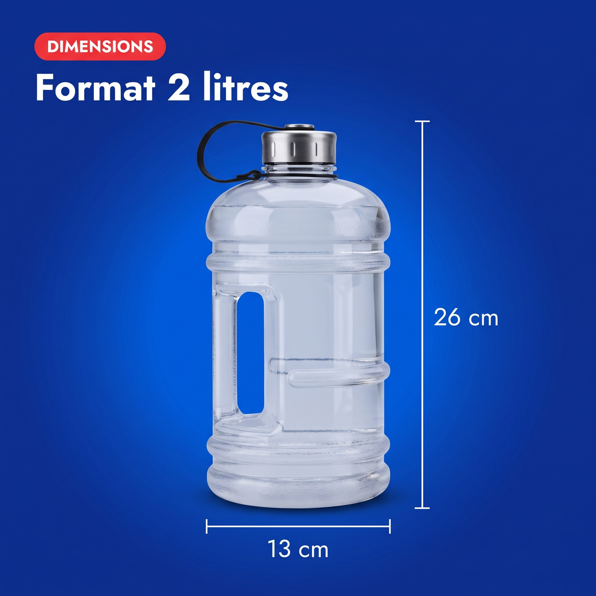 Dimensions de la gourde de sport 2 litres : environ 26 cm de haut et 13 cm de large