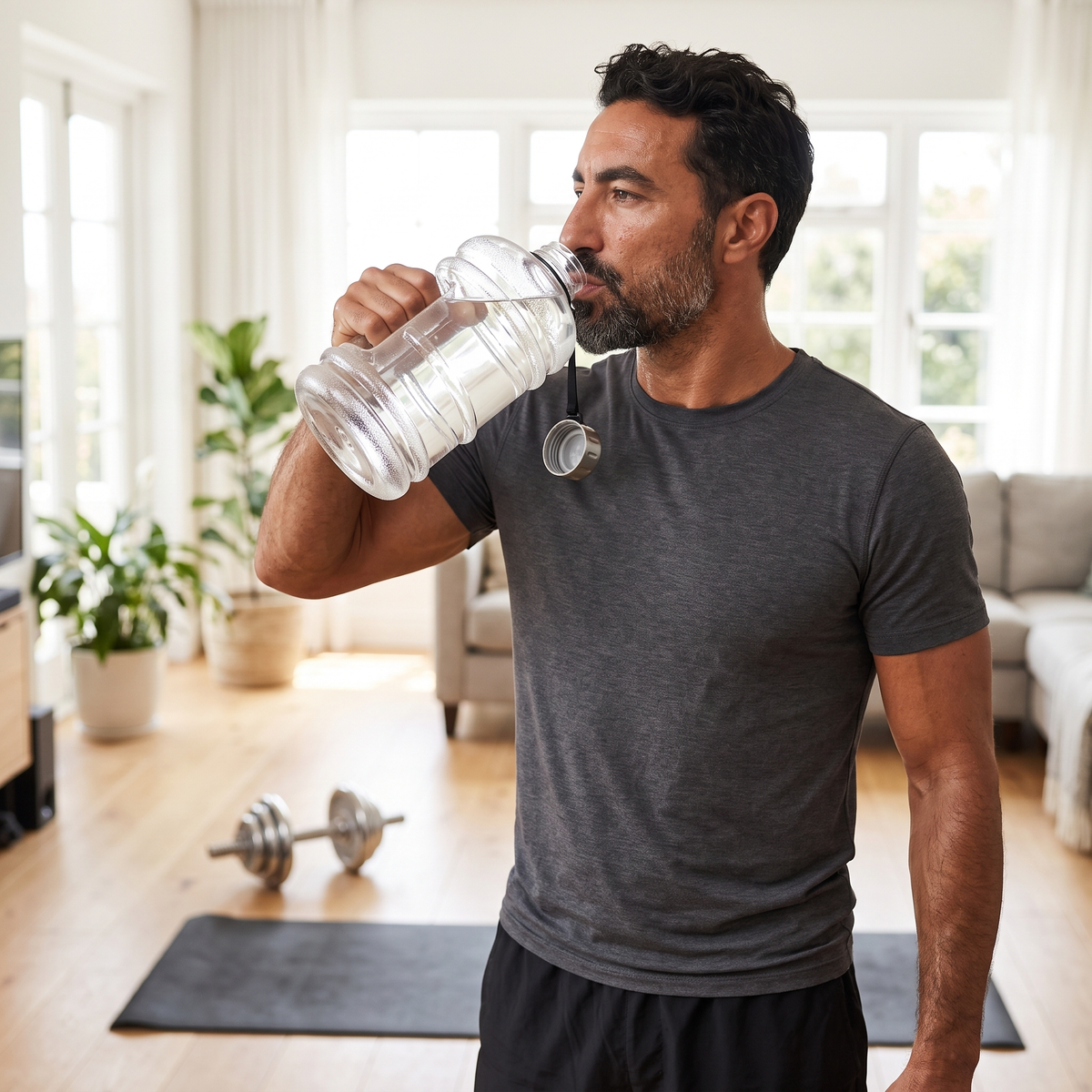 Homme qui boit à la gourde de sport 2 litres transparente pendant sa séance de musculation à la maison
