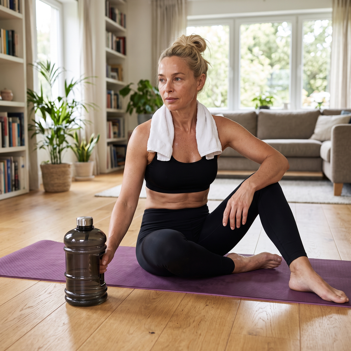 Femme qui s'hydrate avec la gourde de sport 2 litres noire sur son tapis, à la maison