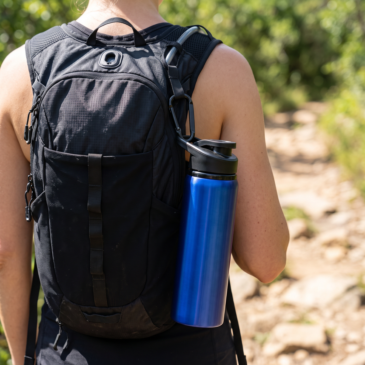 Gourde inox 700 ml accrochée par son anse au mousqueton d'un sac de running