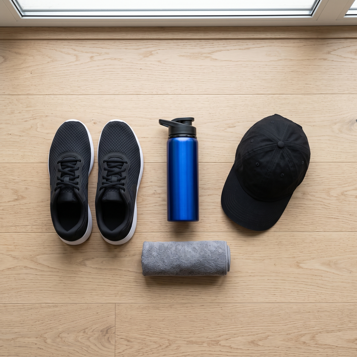Gourde de sport inox 700 ml posée à côté de chaussures de running, d'une serviette et d'une casquette
