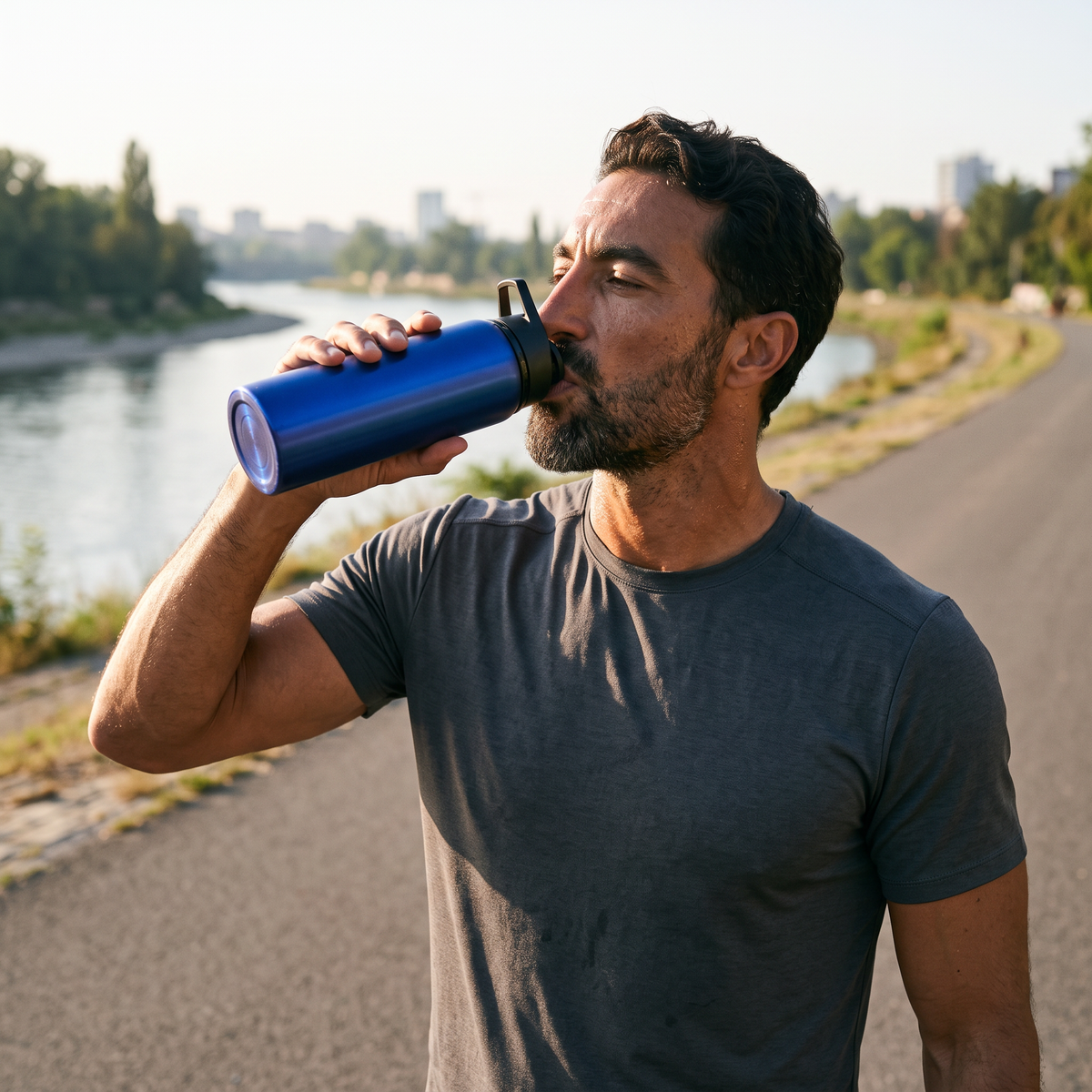 Homme buvant à la gourde de sport inox 700 ml après sa course