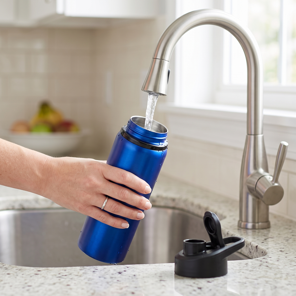 Remplissage de la gourde inox 700 ml à l'eau fraîche du robinet, bouchon dévissé