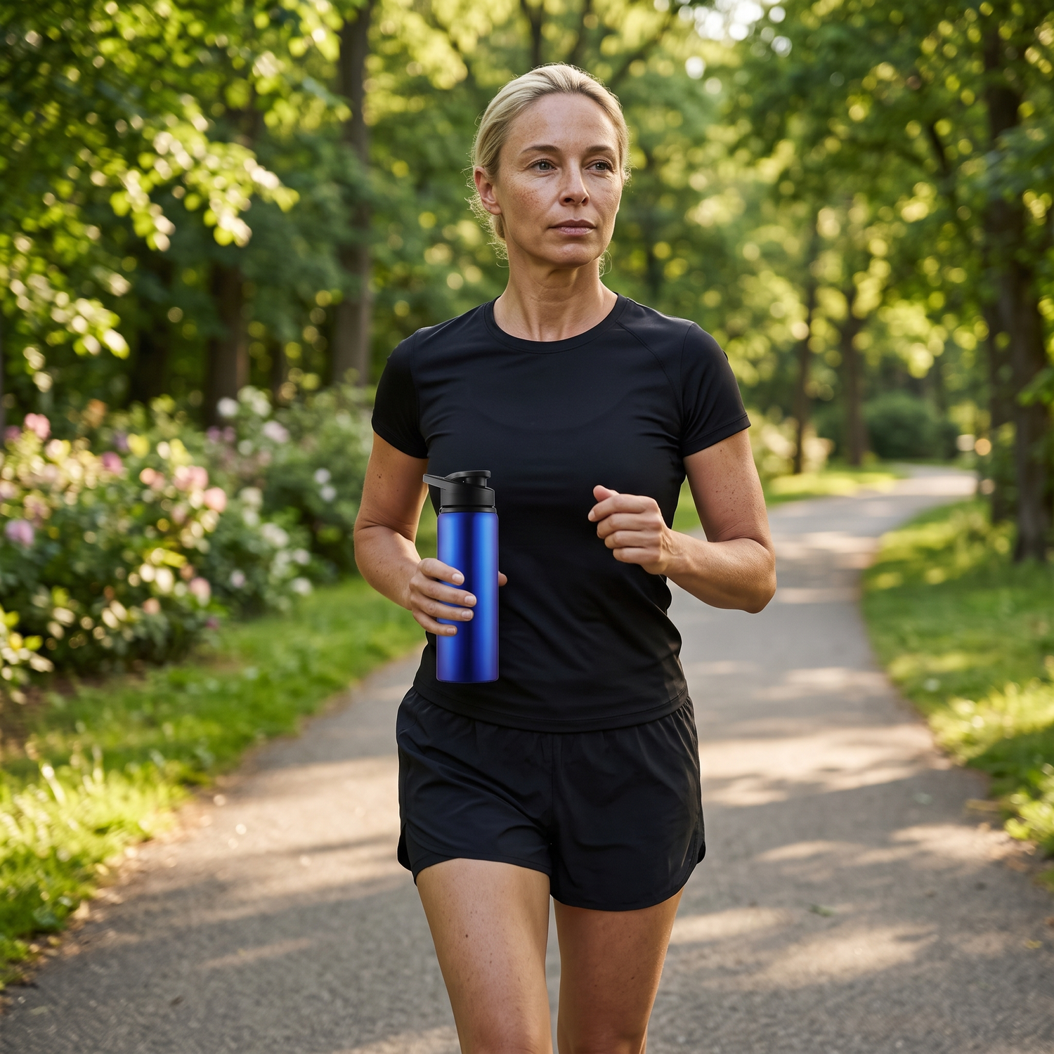 Femme courant dans un parc avec la gourde de sport inox 700 ml bleue à la main