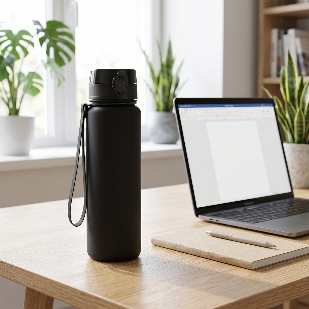 Gourde Tritan 1 litre sur un bureau à côté d'un ordinateur portable, pour boire en télétravail