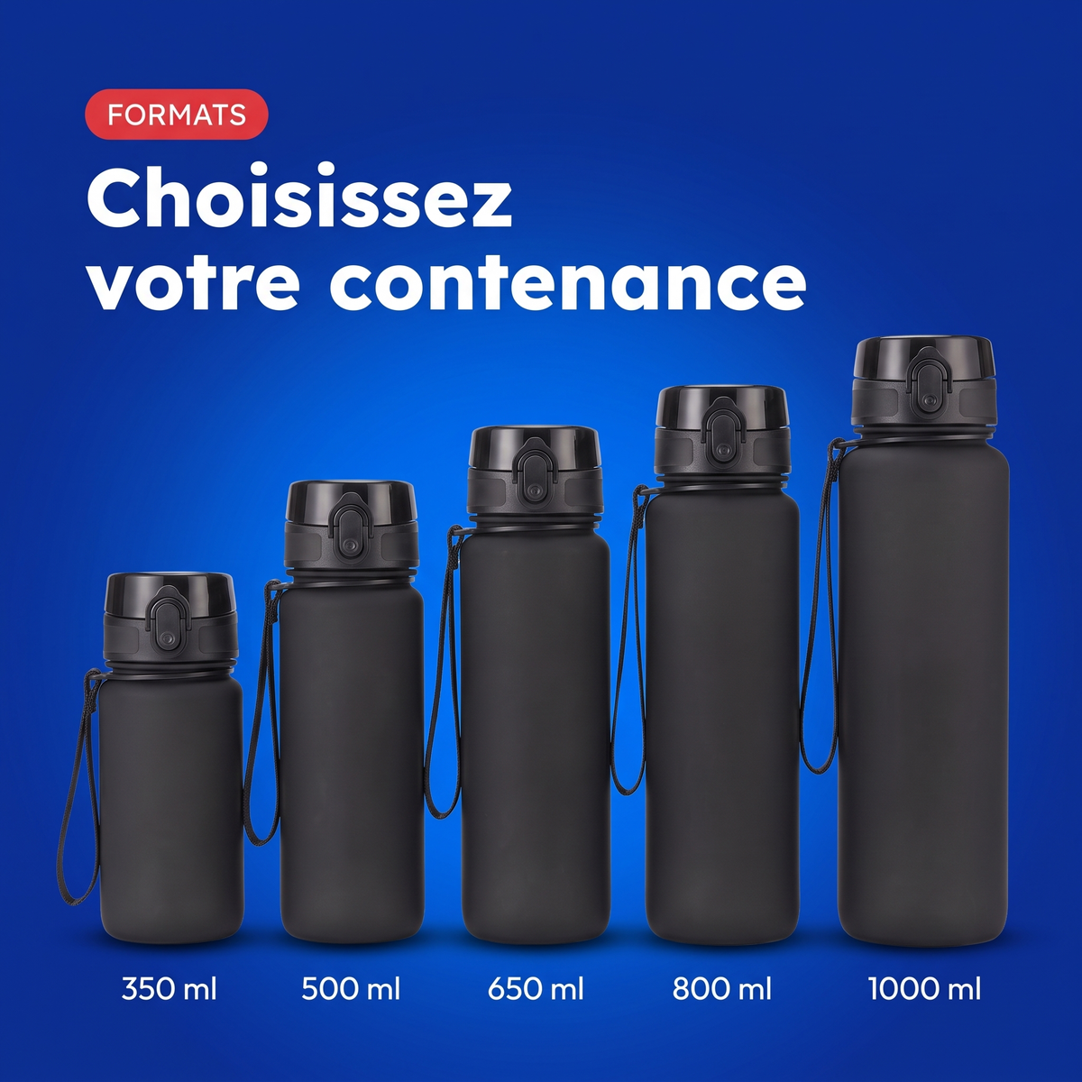 Choisir sa contenance de gourde de sport Tritan : 350 ml, 500 ml, 650 ml, 800 ml ou 1000 ml