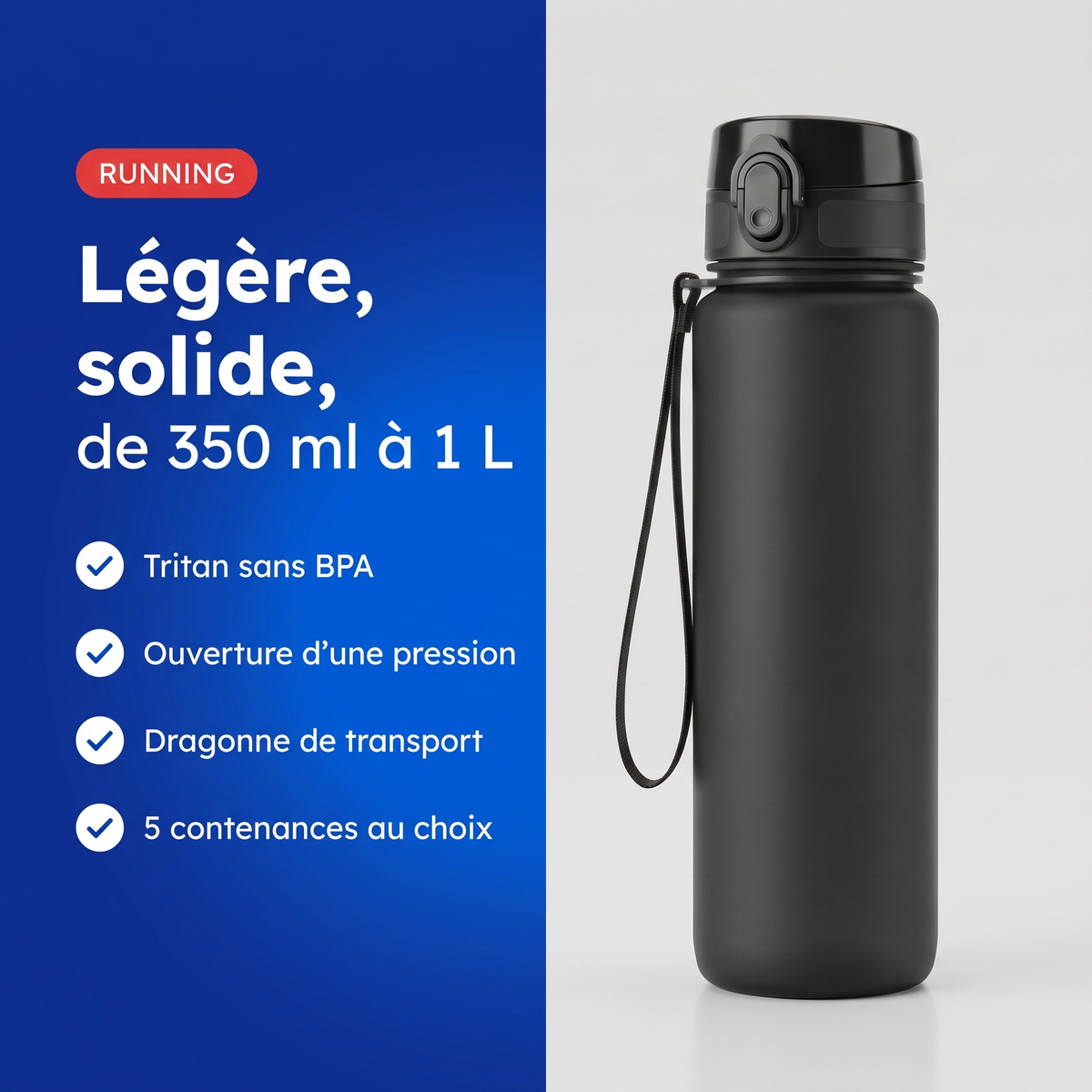 Bénéfices de la gourde de sport Tritan : sans BPA, ouverture d'une pression, dragonne de transport, 5 contenances au choix
