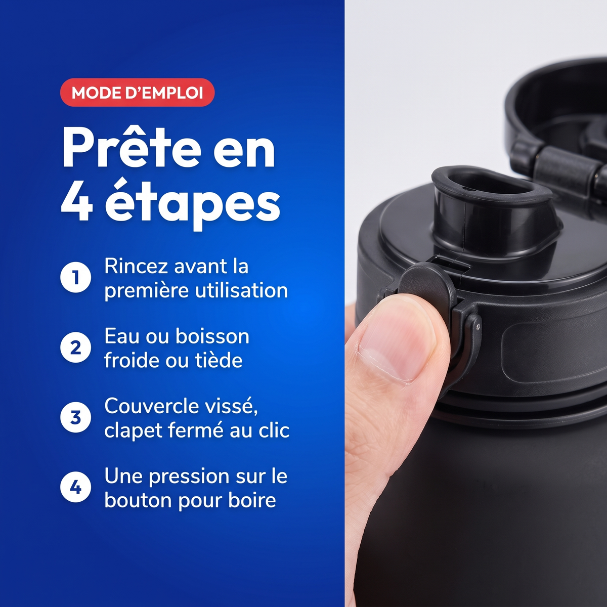 Mode d'emploi de la gourde de sport Tritan : rincer, eau froide ou tiède, couvercle vissé et clapet fermé, une pression pour boire