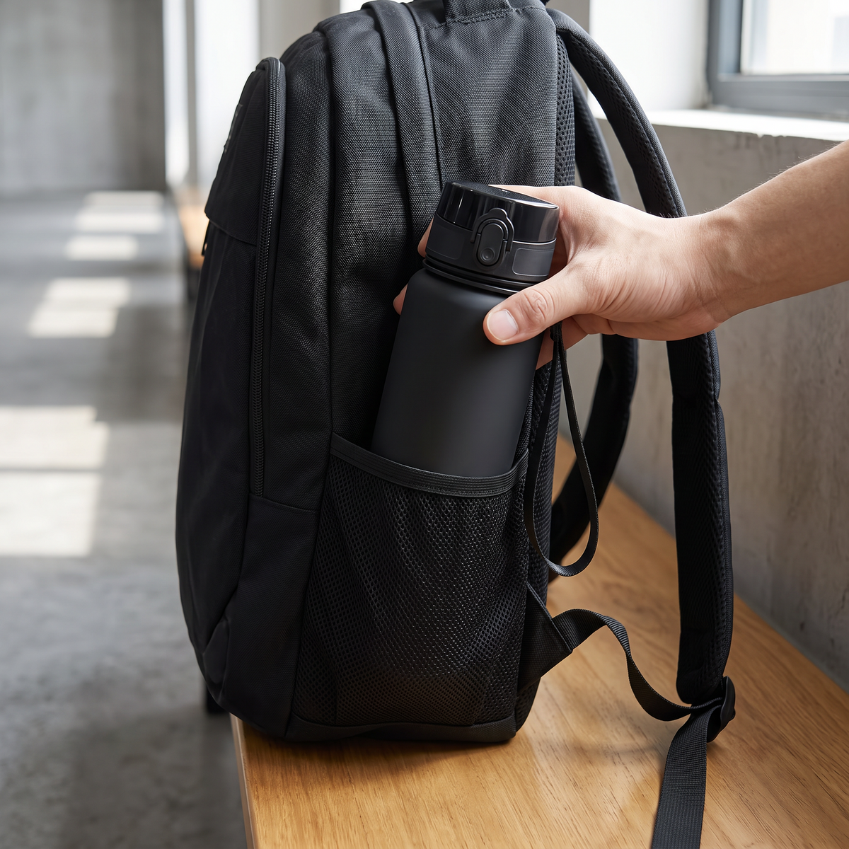 Gourde de sport Tritan glissée dans la poche latérale d'un sac à dos