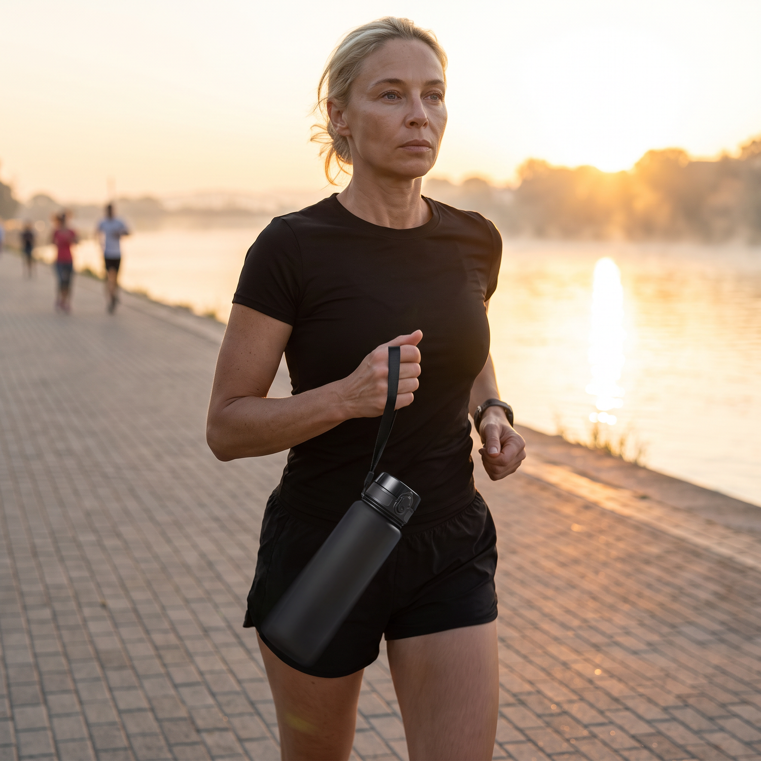 Femme courant au lever du soleil, gourde de sport Tritan tenue par sa dragonne