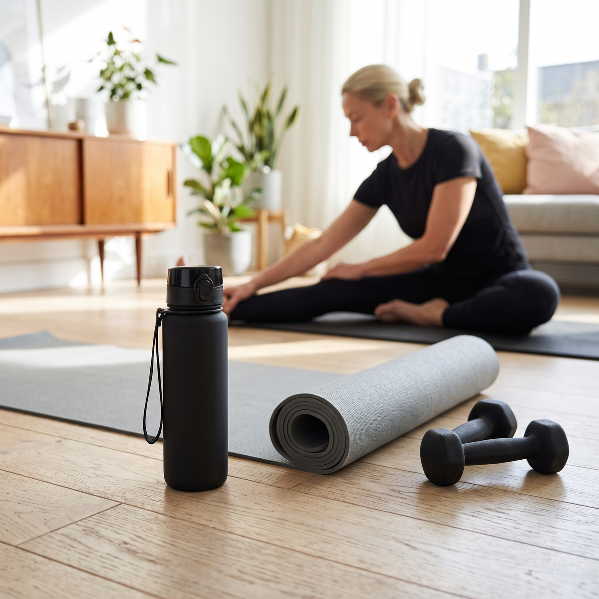 Gourde de sport Tritan posée à côté d'un tapis de yoga et d'haltères pendant une séance à la maison