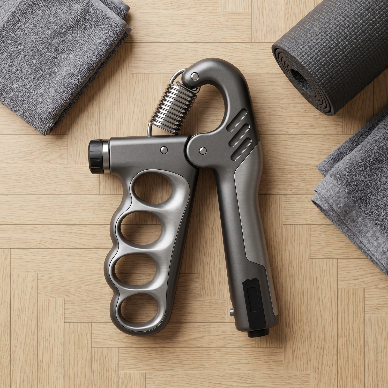 Gripper de musculation posé sur un parquet clair à côté d'un tapis de sol roulé et d'une serviette