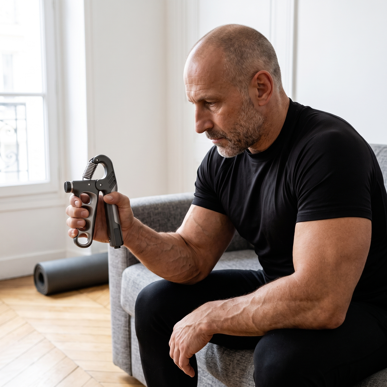 Homme utilisant le gripper de musculation assis dans son salon, séance de renforcement des avant-bras à la maison