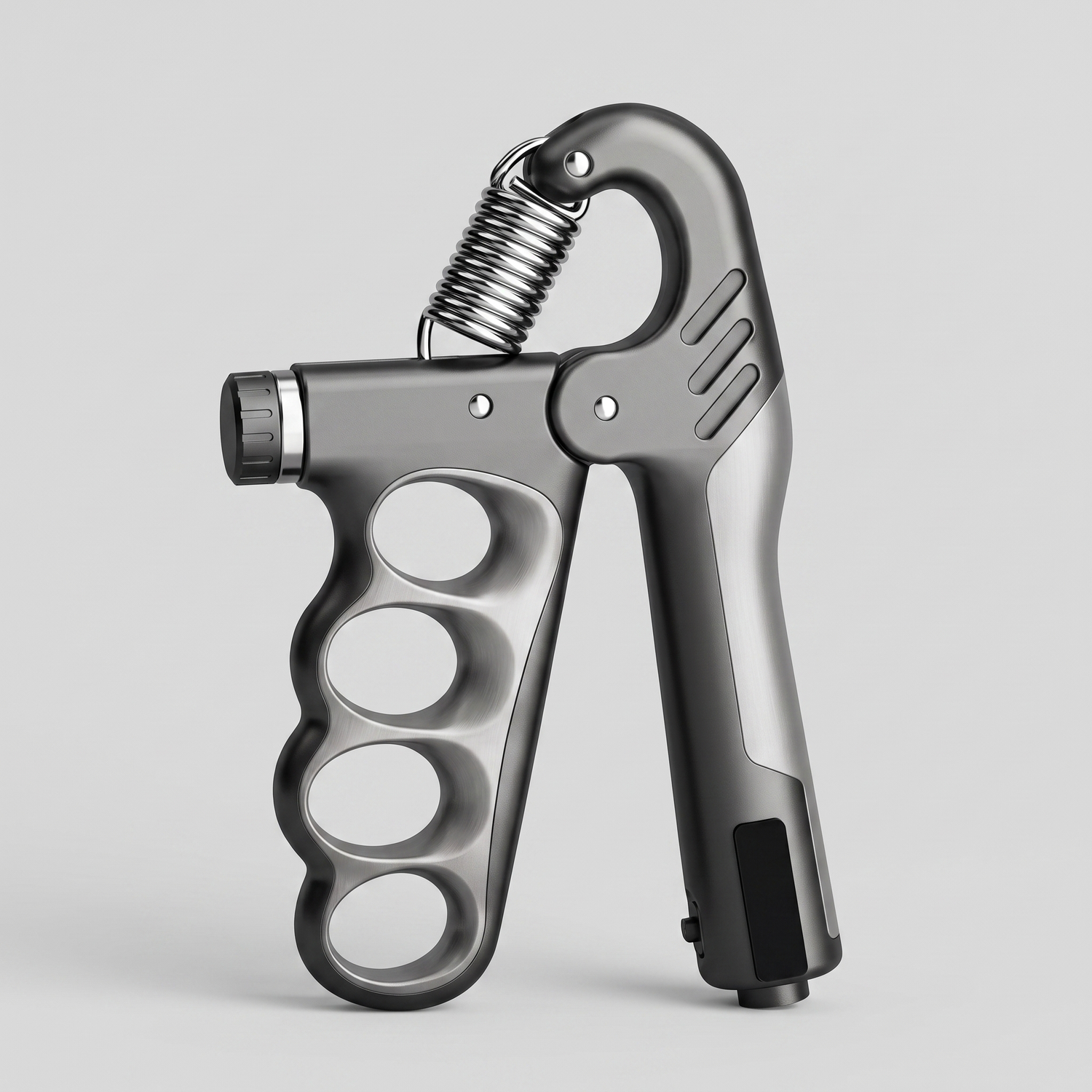 Gripper de musculation réglable 5 à 100 kg gris anthracite vu de trois quarts, ressort chromé et molette de réglage
