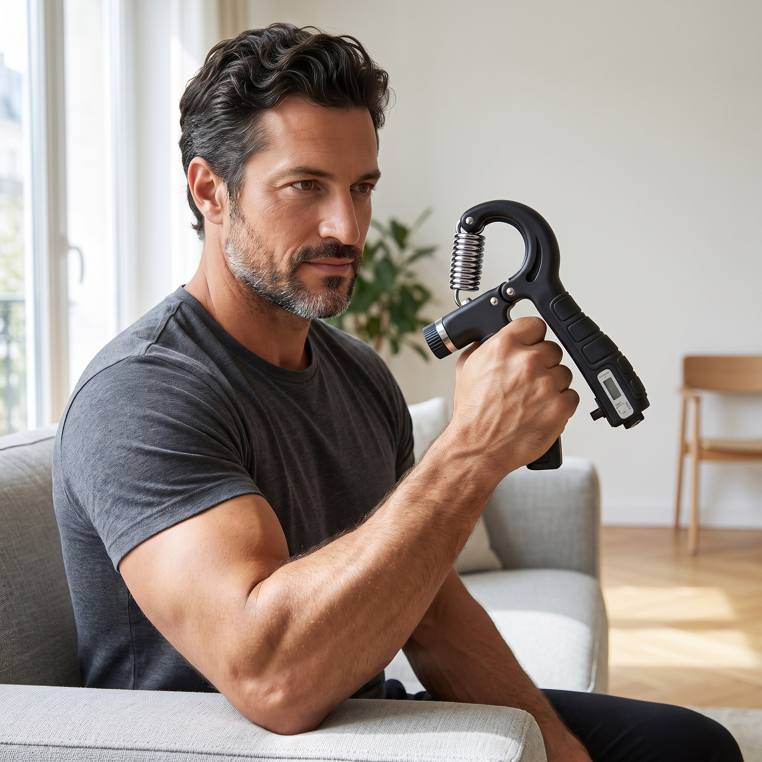 Homme utilisant deux grippers simultanément assis dans un salon lumineux
