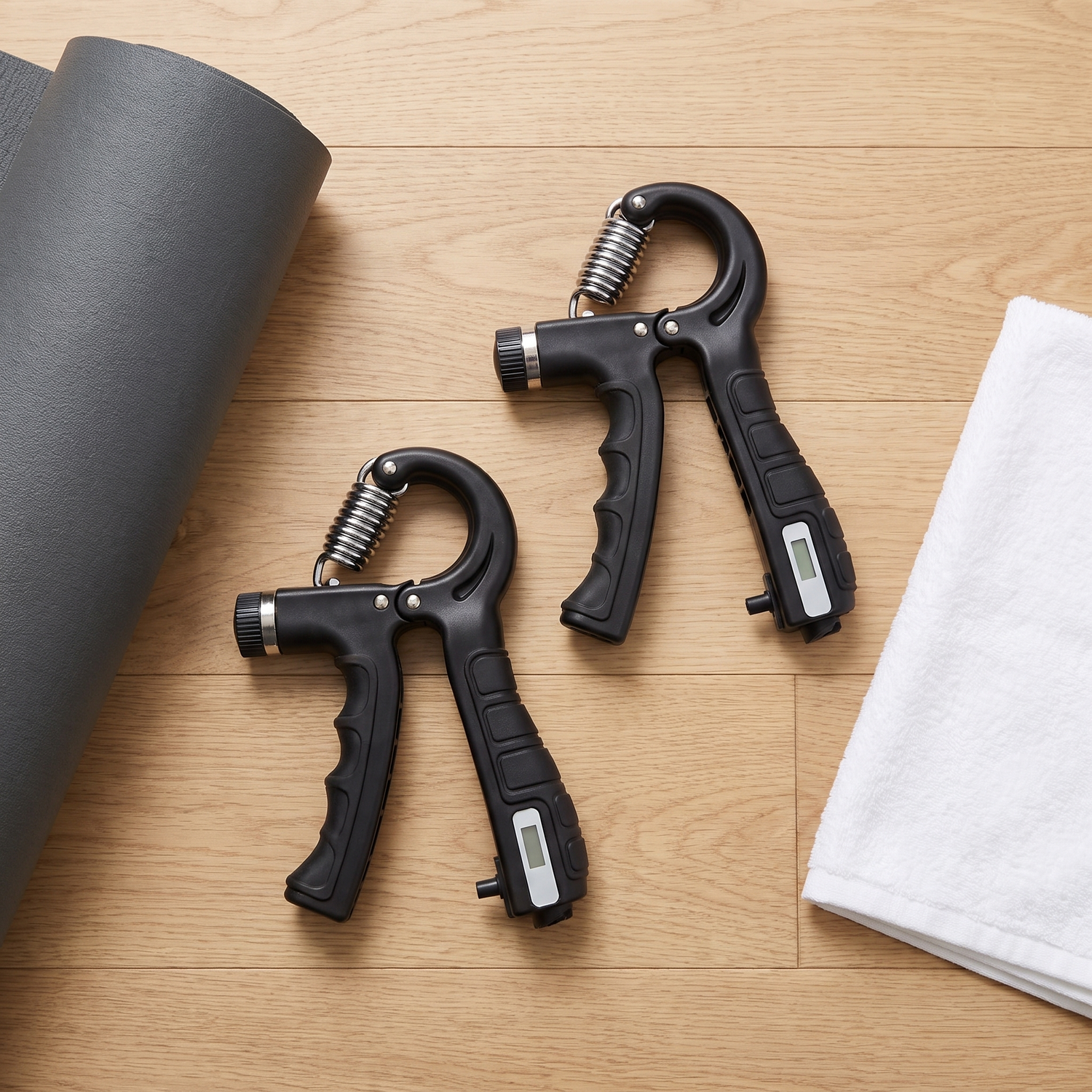 Vue à plat du lot de 2 grippers souples noirs avec leurs compteurs de répétitions