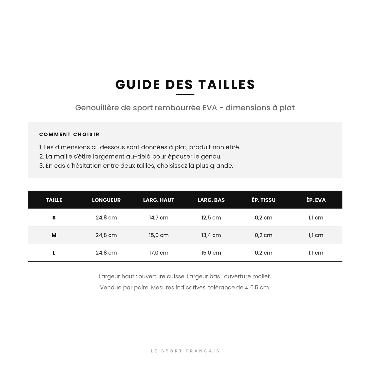 Guide des tailles de la genouillère de compression, du S au L