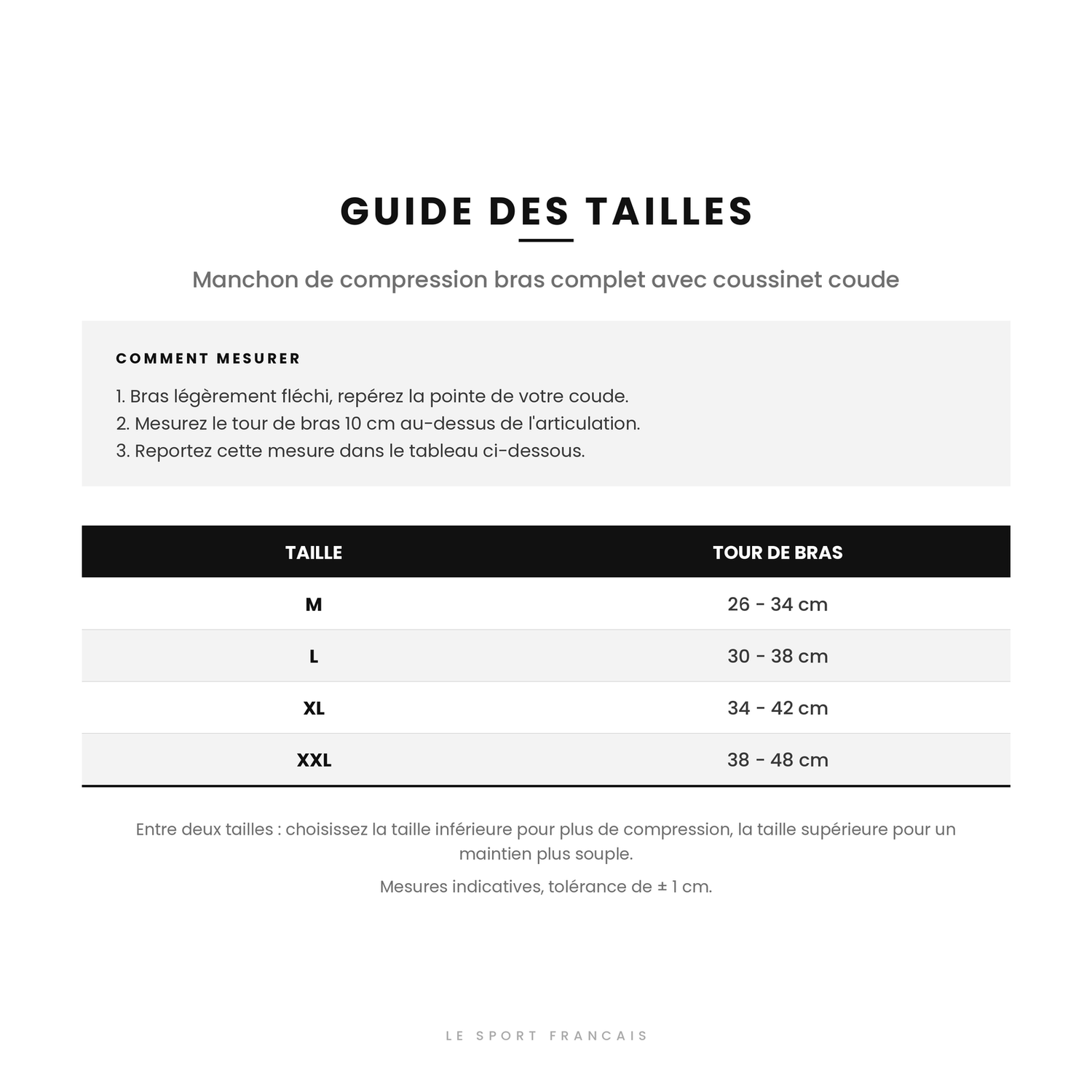 Guide des tailles du manchon de compression bras, du M au XXL