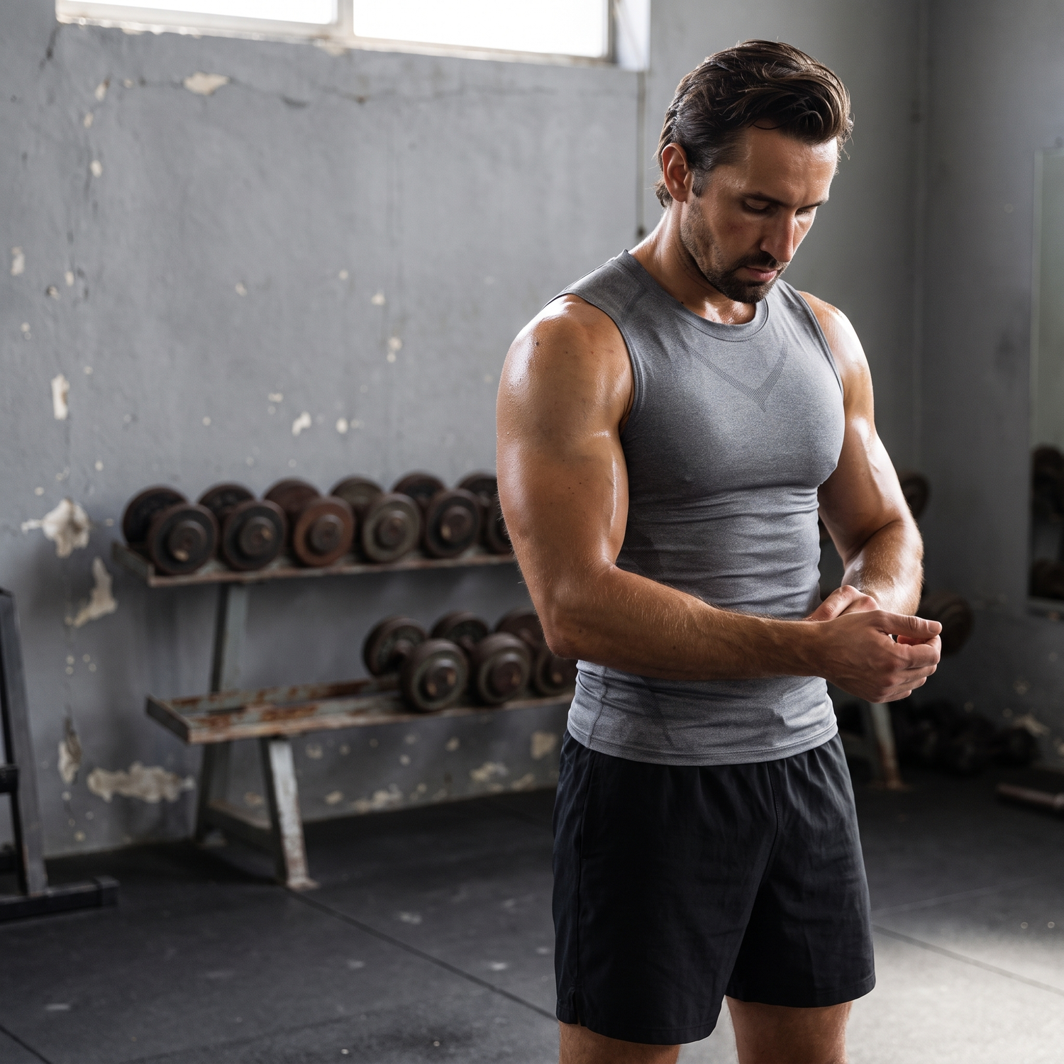 Débardeur de compression homme gris chiné porté à l'entraînement