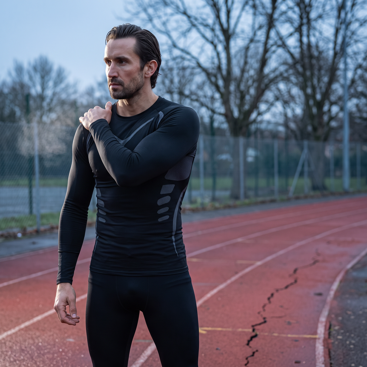 T-shirt de compression manches longues noir et gris porté à l'entraînement