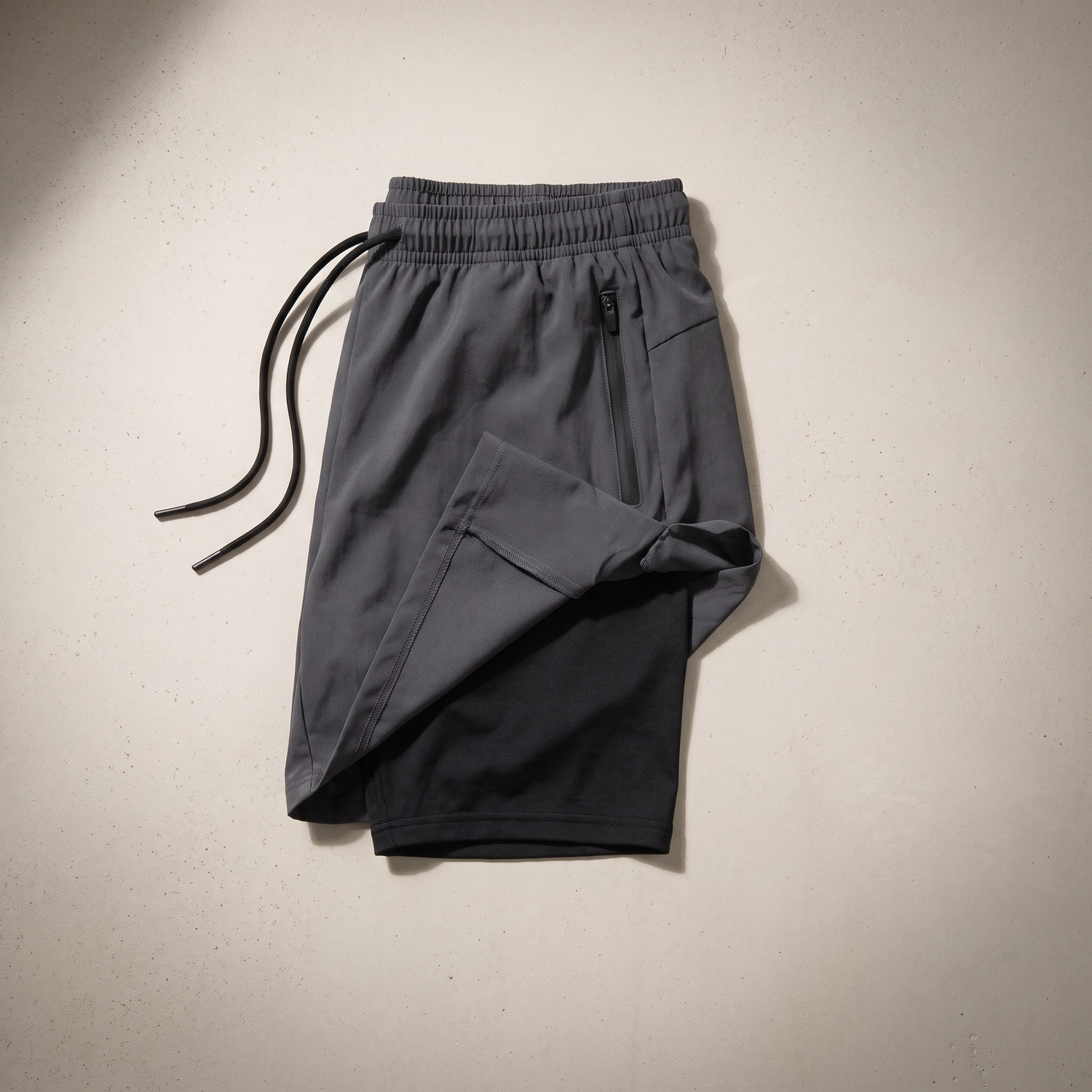 Short de running 2-en-1 legging intégré photographié à plat