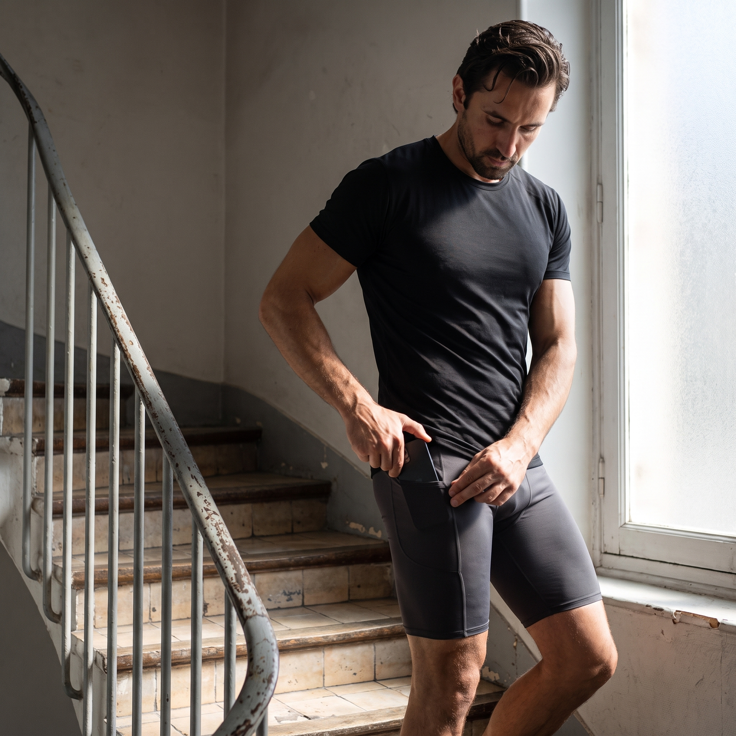 Short de compression homme avec poche porté à l'entraînement