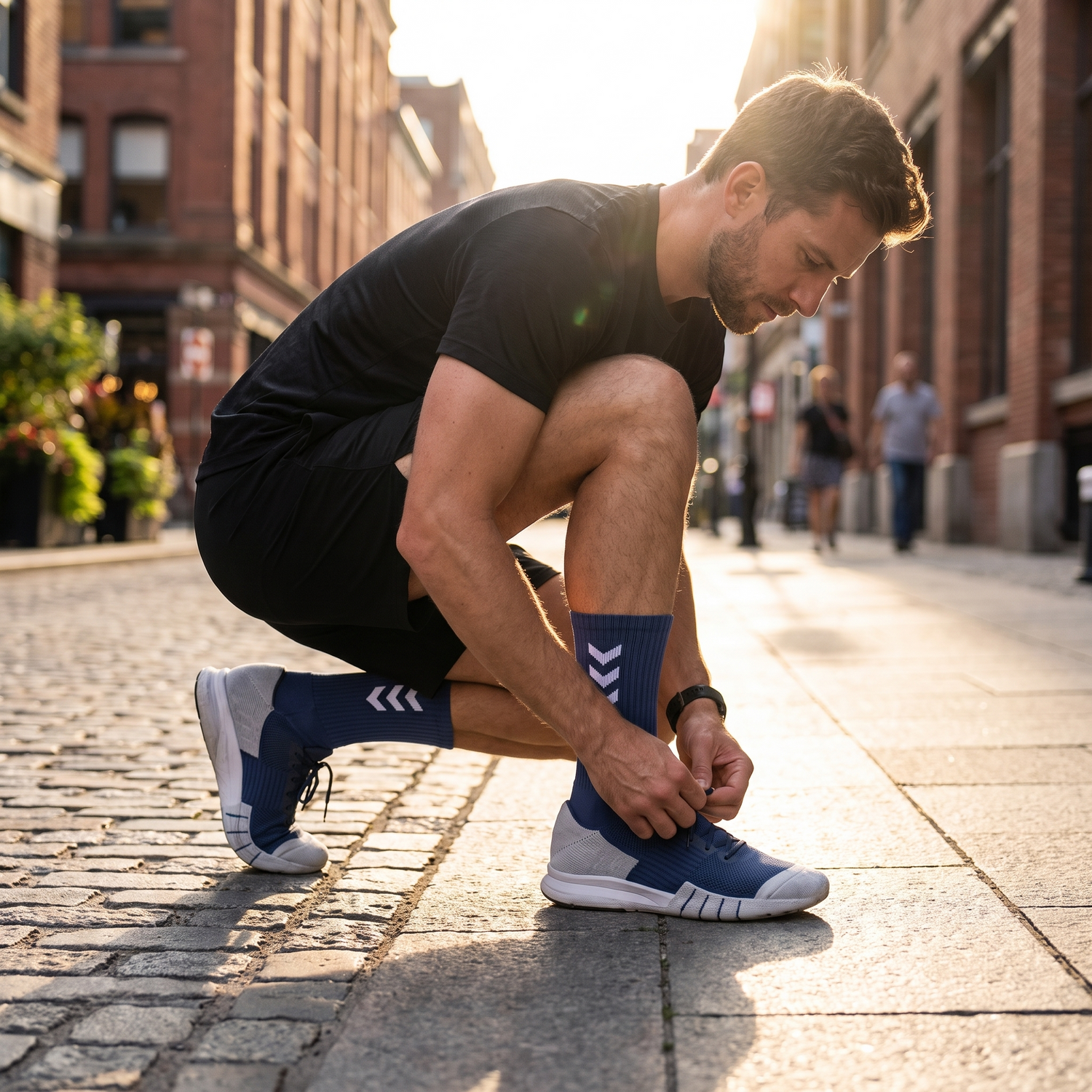 Chaussettes running compression mi-mollet bleu marine portees