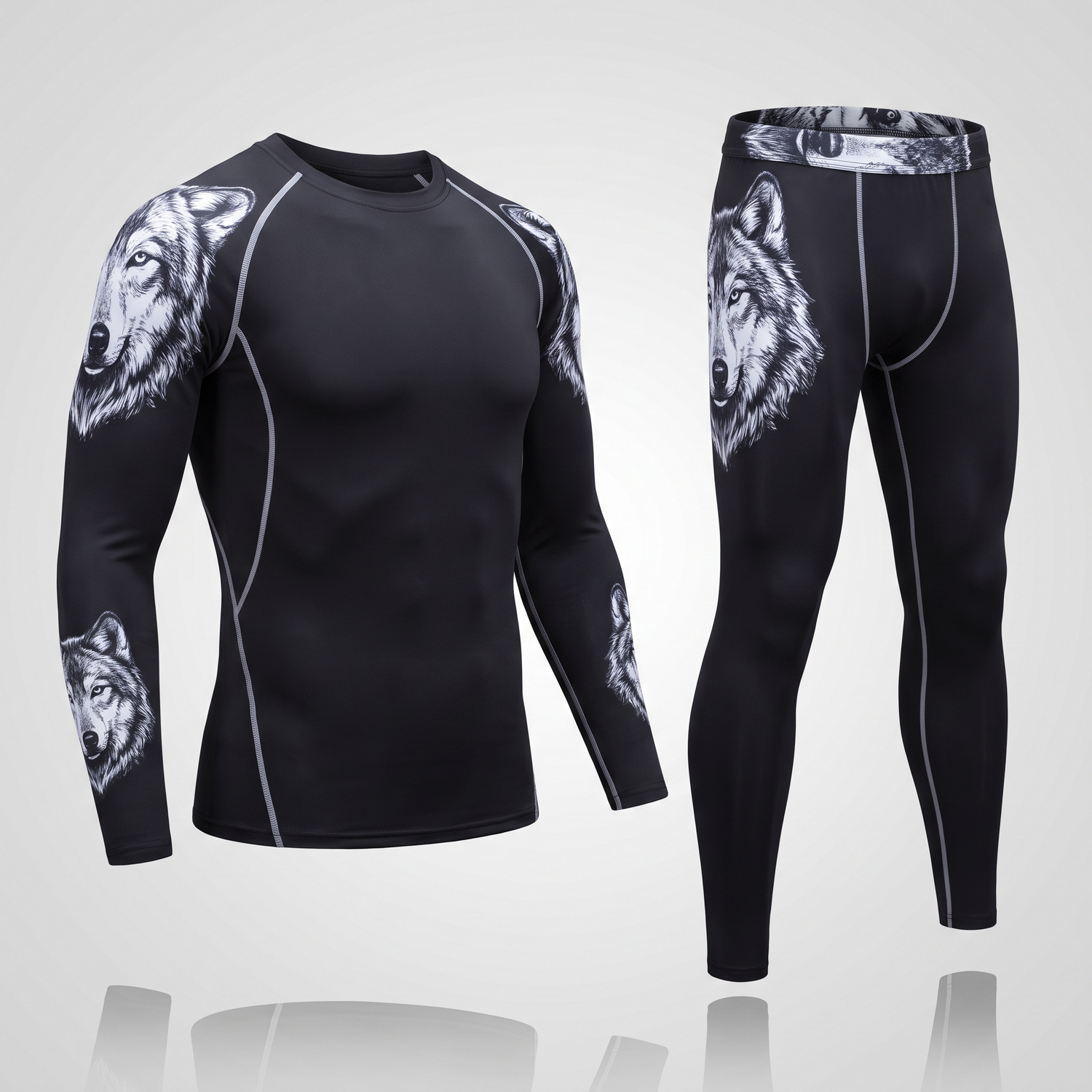 Ensemble de compression homme 2 pièces noir motif loup - packshot