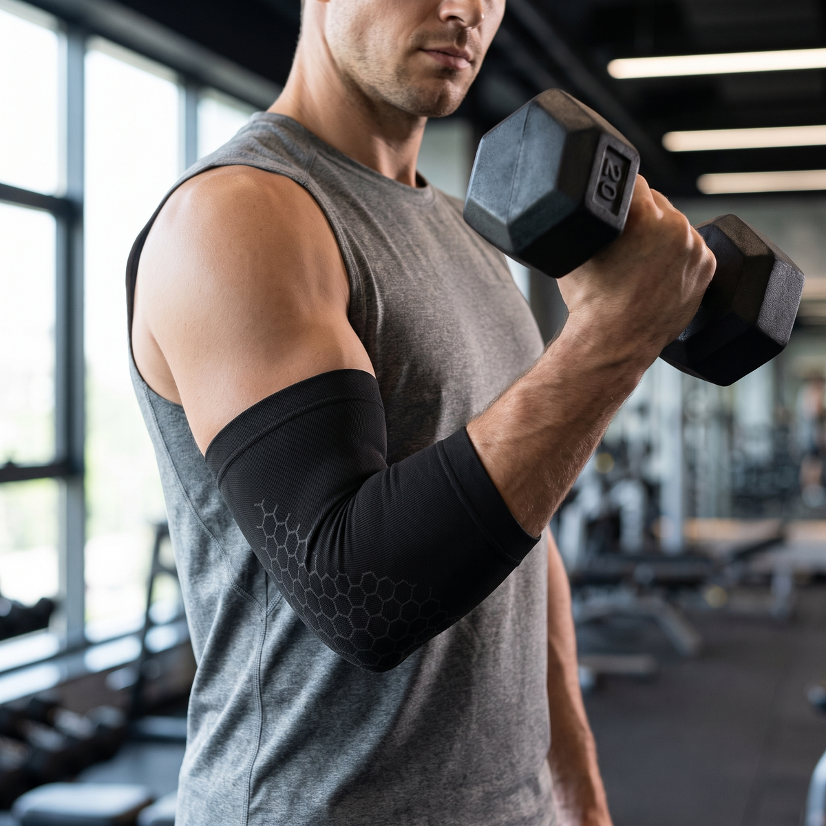 Manchon de coude compression noir porté au bras en salle de sport